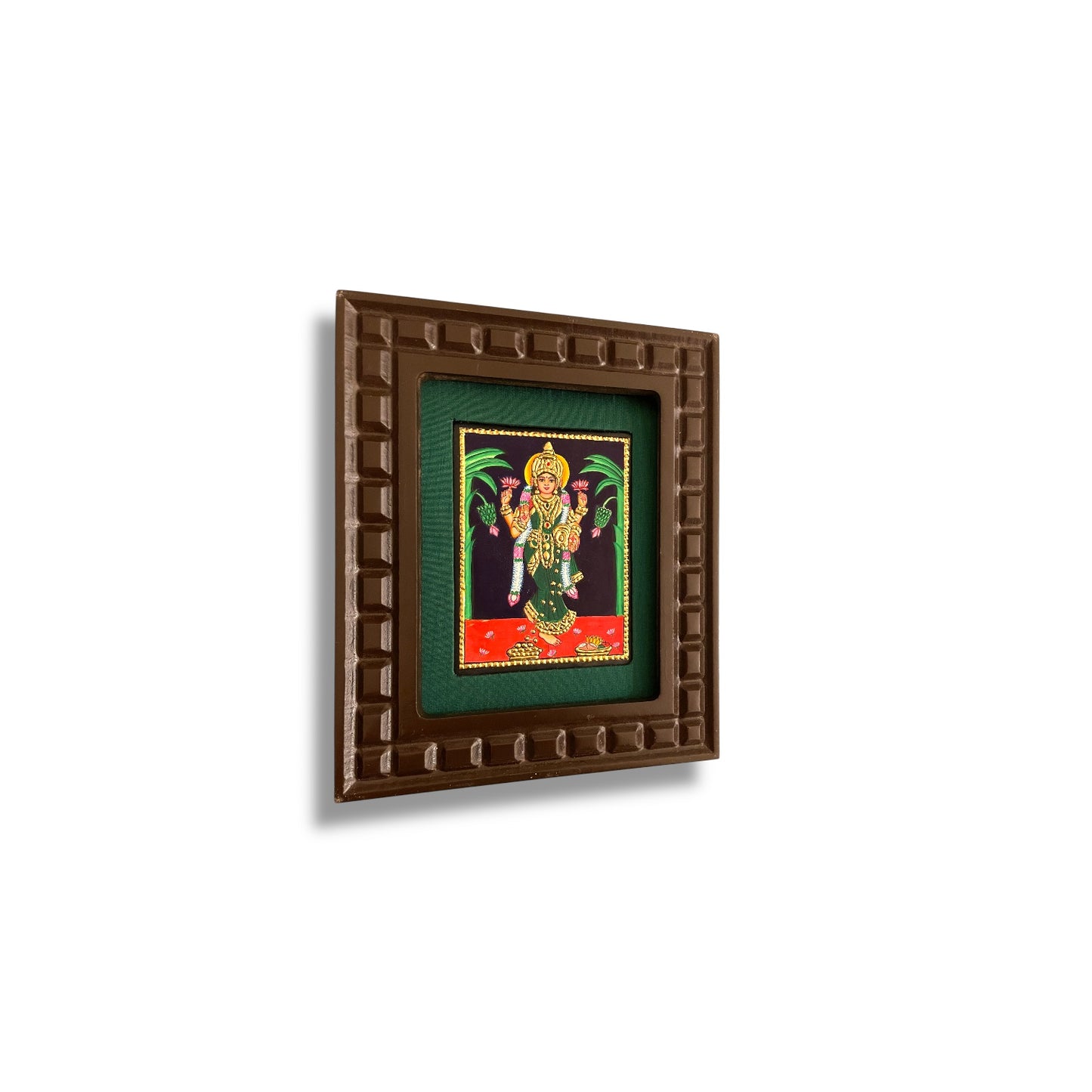 Goddess Lakshmi Tanjore Painting with Red, Indigo Blue, Orange, Rama Green and White Accents