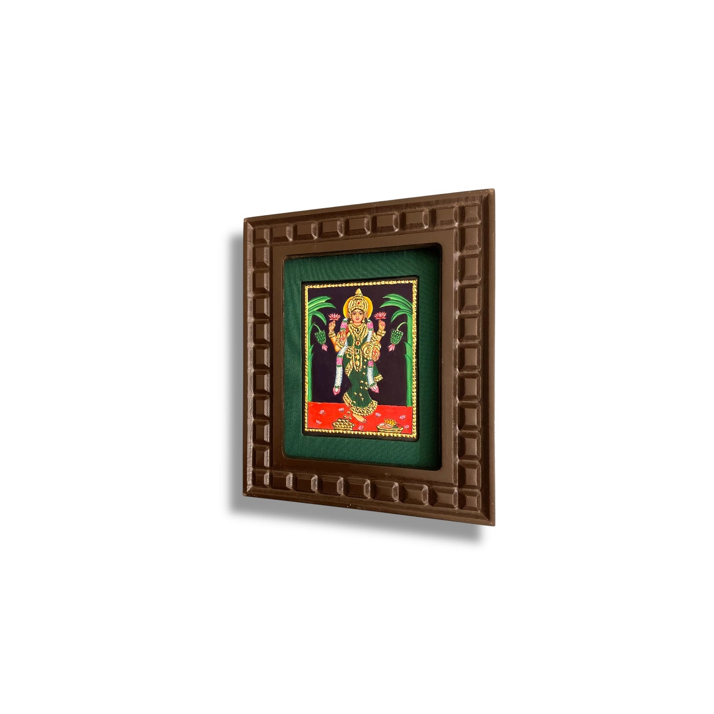 Goddess Lakshmi Tanjore Painting with Red, Indigo Blue, Orange, Rama Green and White Accents