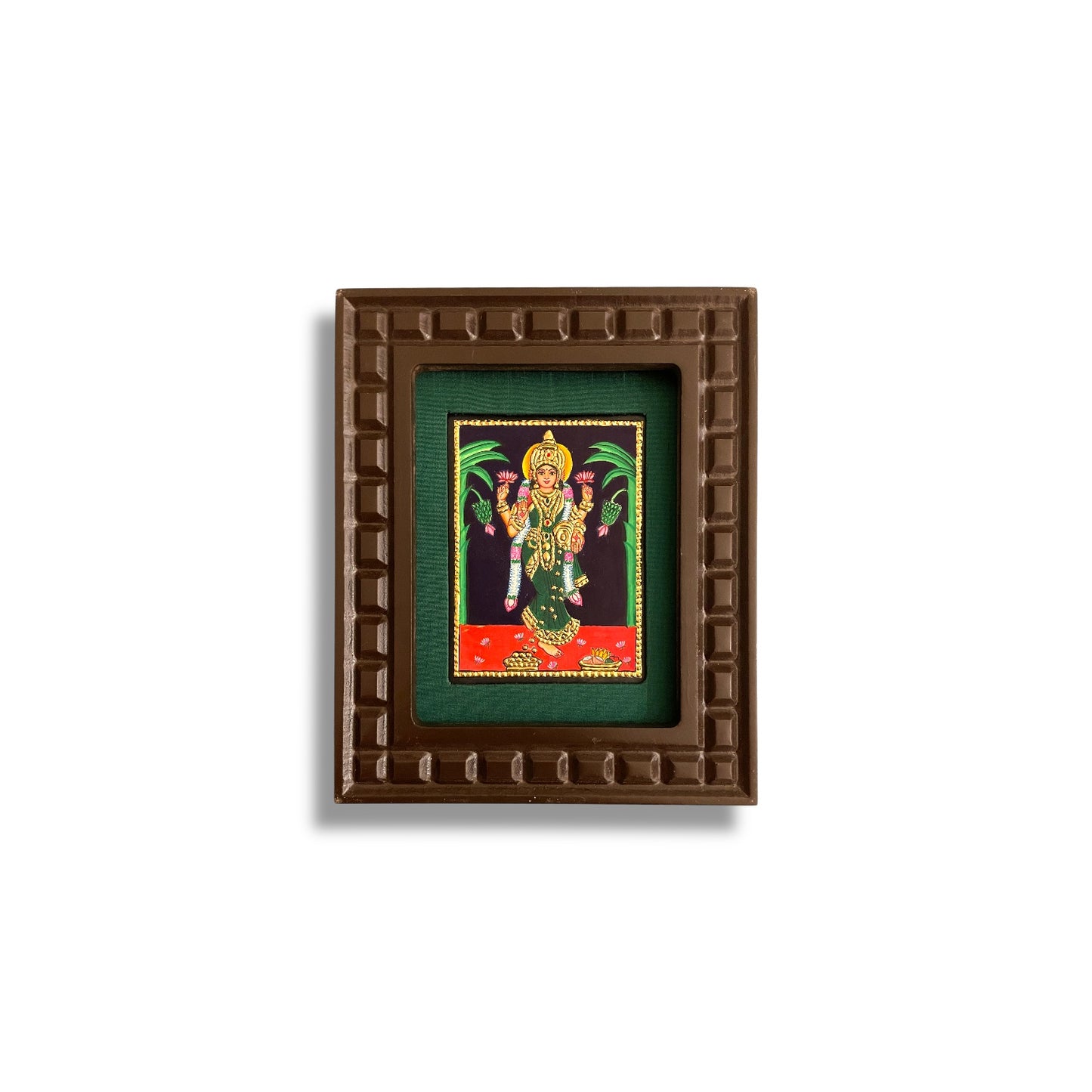 Goddess Lakshmi Tanjore Painting with Red, Indigo Blue, Orange, Rama Green and White Accents