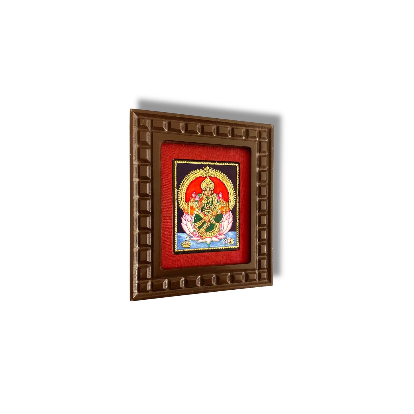 Lakshmi with Pink Lotus Tanjore Painting – Red, Indigo Blue, Orange, White & Rama Green Gold Foil Artwork