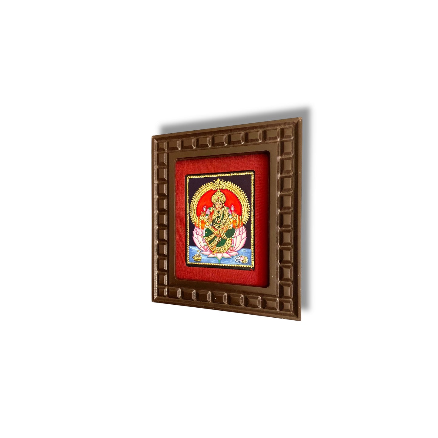 Lakshmi with Pink Lotus Tanjore Painting – Red, Indigo Blue, Orange, White & Rama Green Gold Foil Artwork