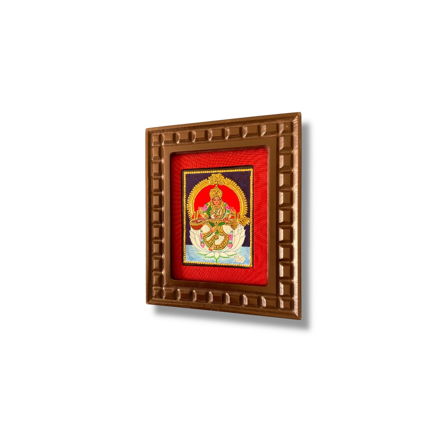 Goddess Saraswati on White Lotus Tanjore Painting – Red, Indigo Blue, Rama Green, White & Orange