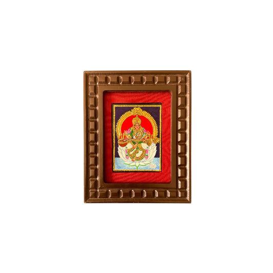 Goddess Saraswati on White Lotus Tanjore Painting – Red, Indigo Blue, Rama Green, White & Orange
