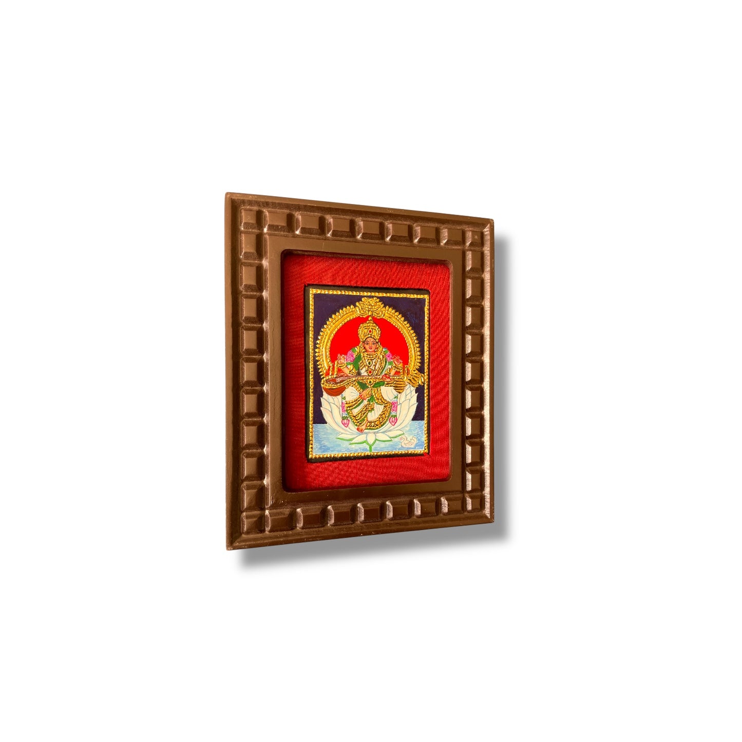 Goddess Saraswati on White Lotus Tanjore Painting – Red, Indigo Blue, Rama Green, White & Orange