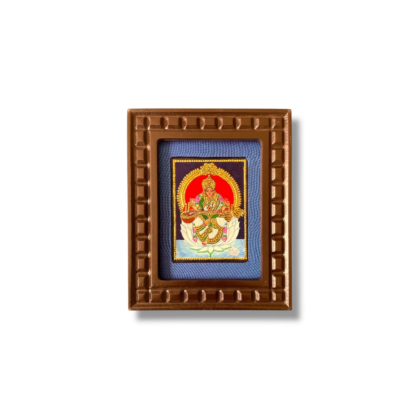 Goddess Saraswati on White Lotus Tanjore Painting – Red, Indigo Blue, Rama Green, White & Orange