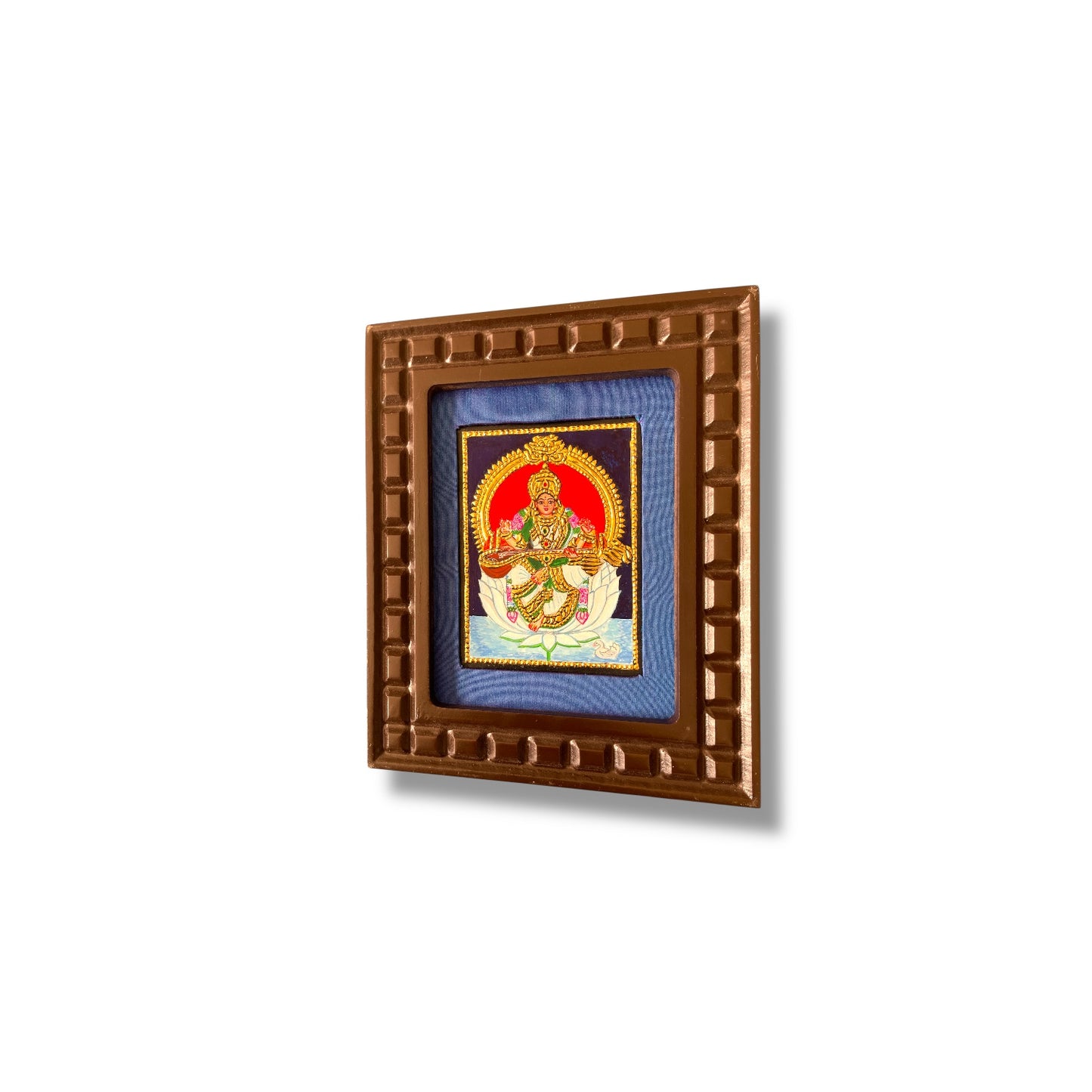 Goddess Saraswati on White Lotus Tanjore Painting – Red, Indigo Blue, Rama Green, White & Orange