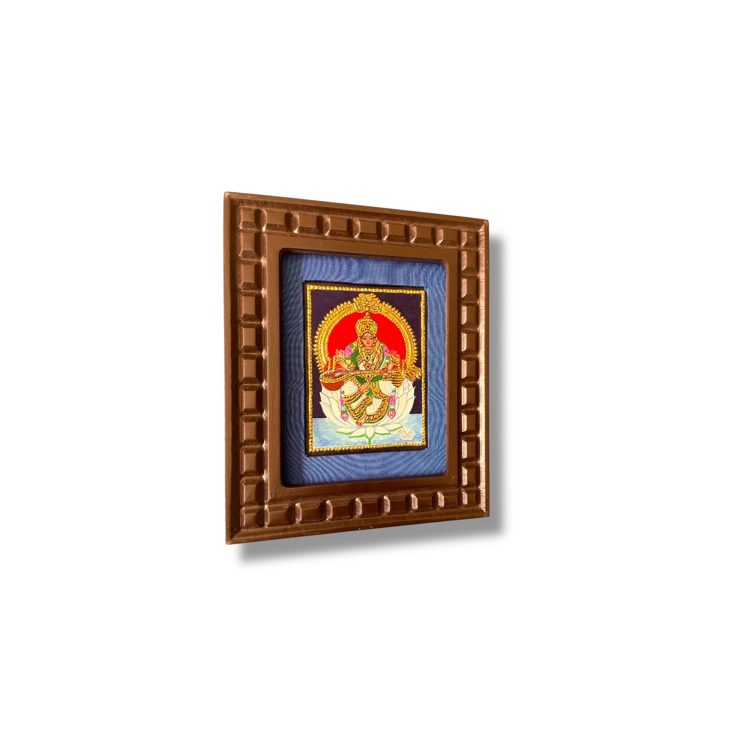 Goddess Saraswati on White Lotus Tanjore Painting – Red, Indigo Blue, Rama Green, White & Orange
