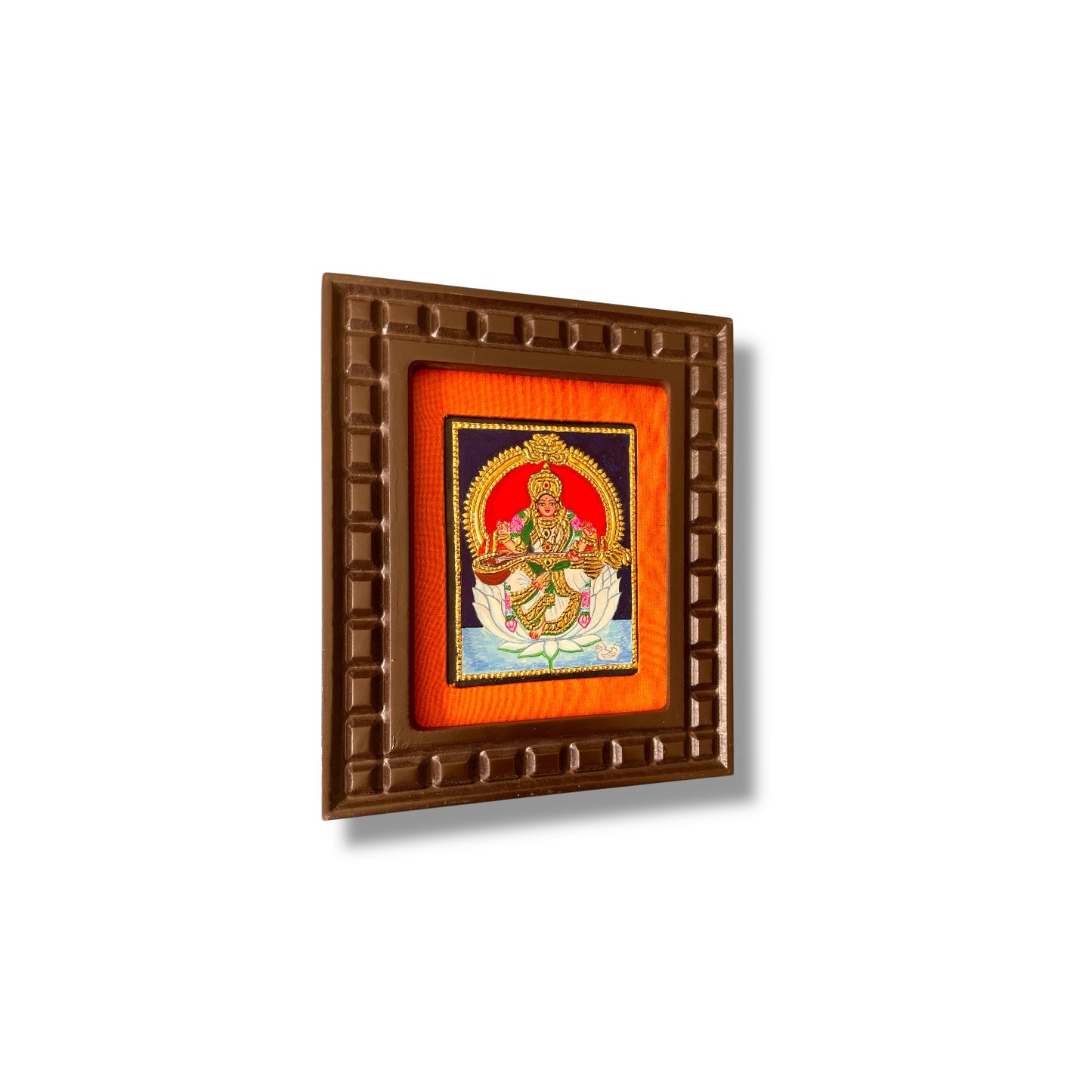 Goddess Saraswati on White Lotus Tanjore Painting – Red, Indigo Blue, Rama Green, White & Orange