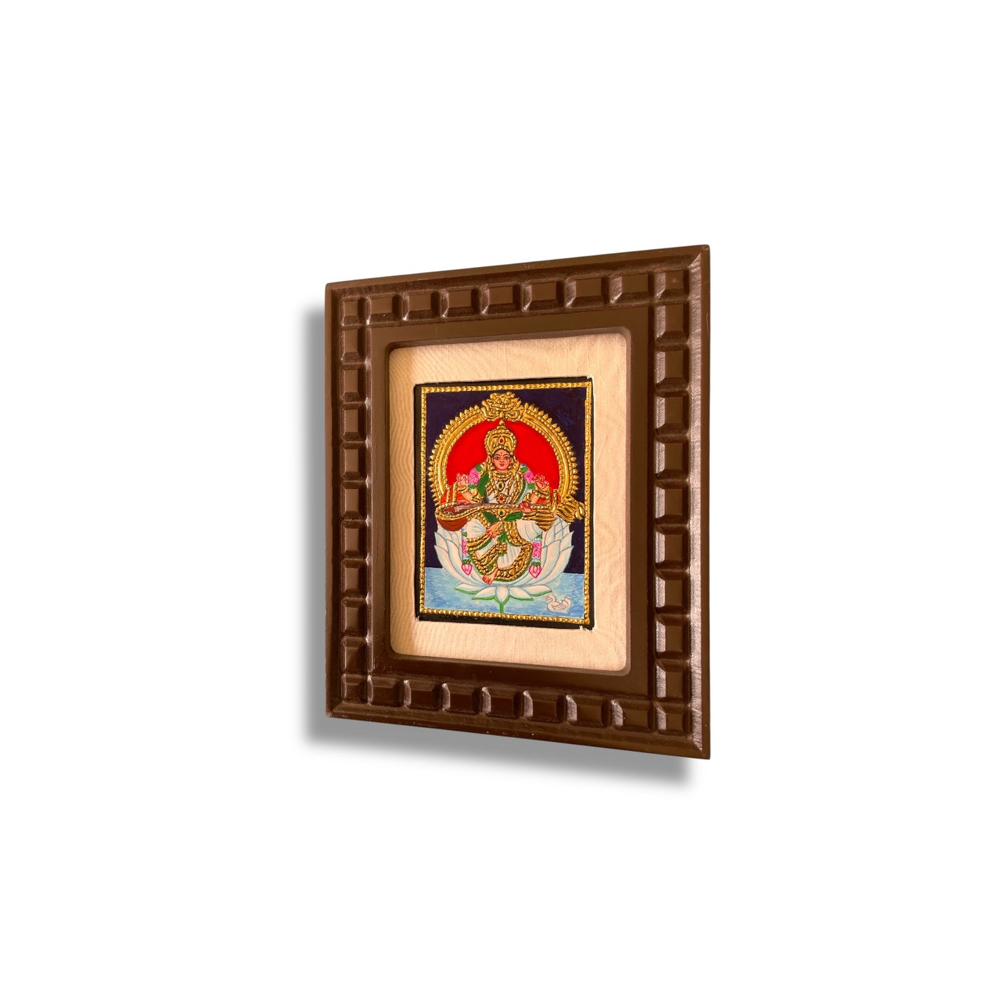 Goddess Saraswati on White Lotus Tanjore Painting – Red, Indigo Blue, Rama Green, White & Orange