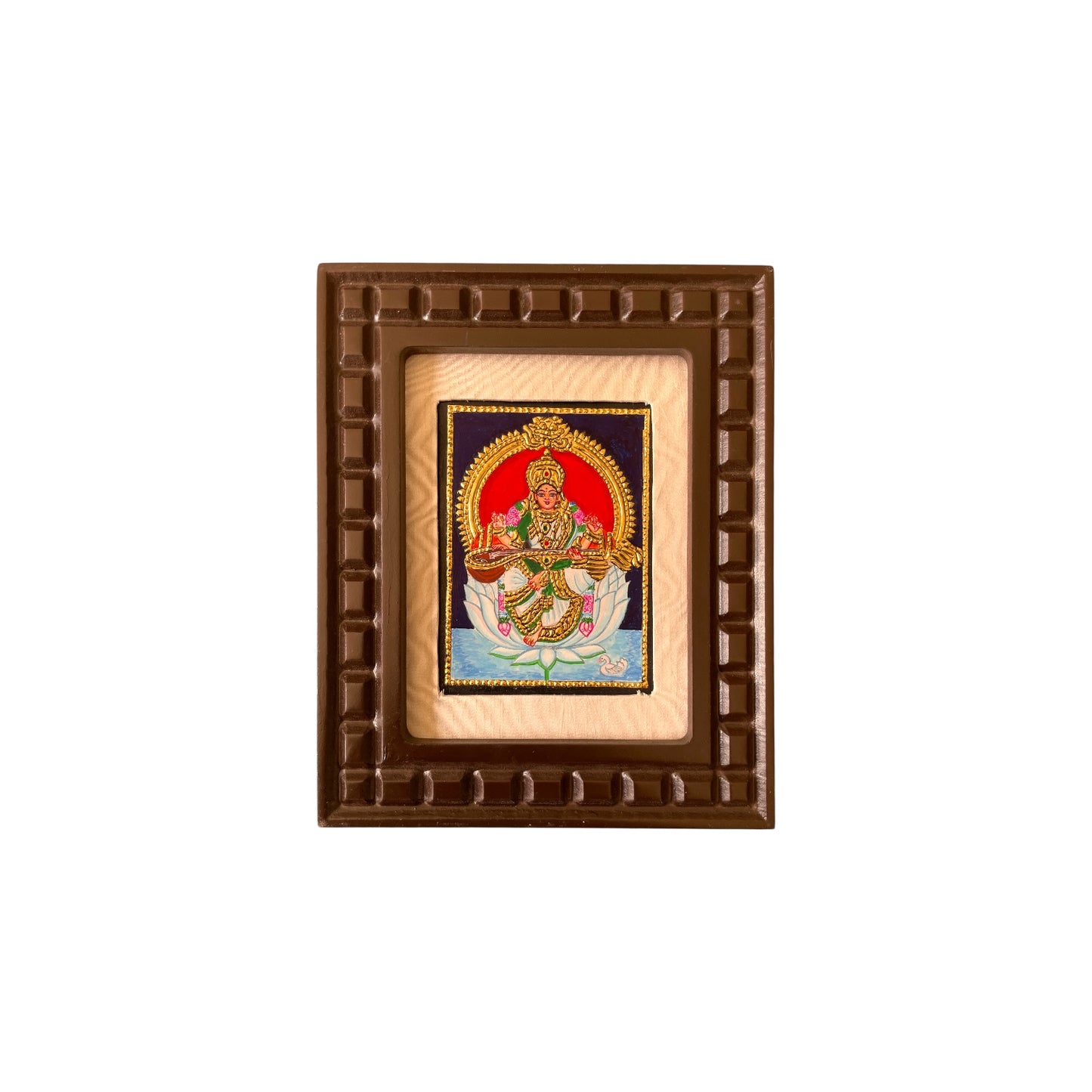 Goddess Saraswati on White Lotus Tanjore Painting – Red, Indigo Blue, Rama Green, White & Orange