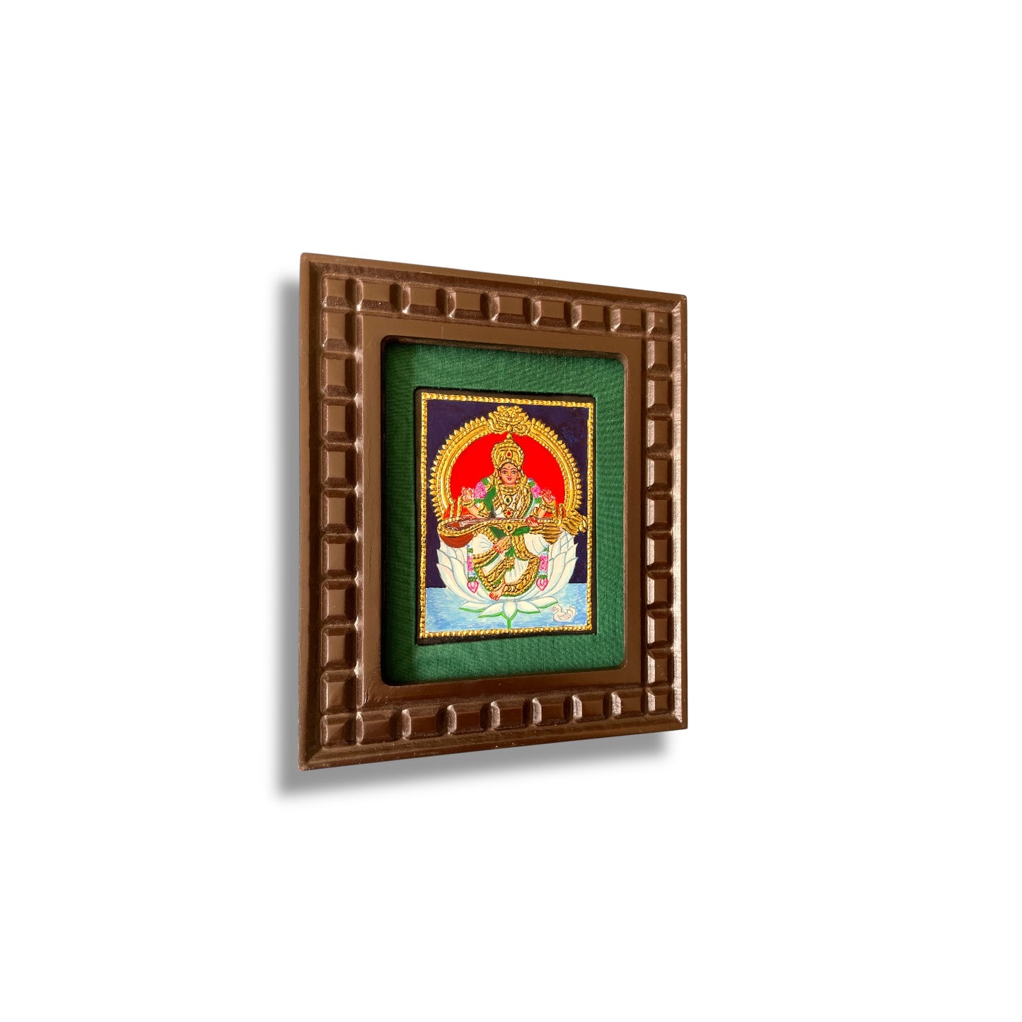 Goddess Saraswati on White Lotus Tanjore Painting – Red, Indigo Blue, Rama Green, White & Orange