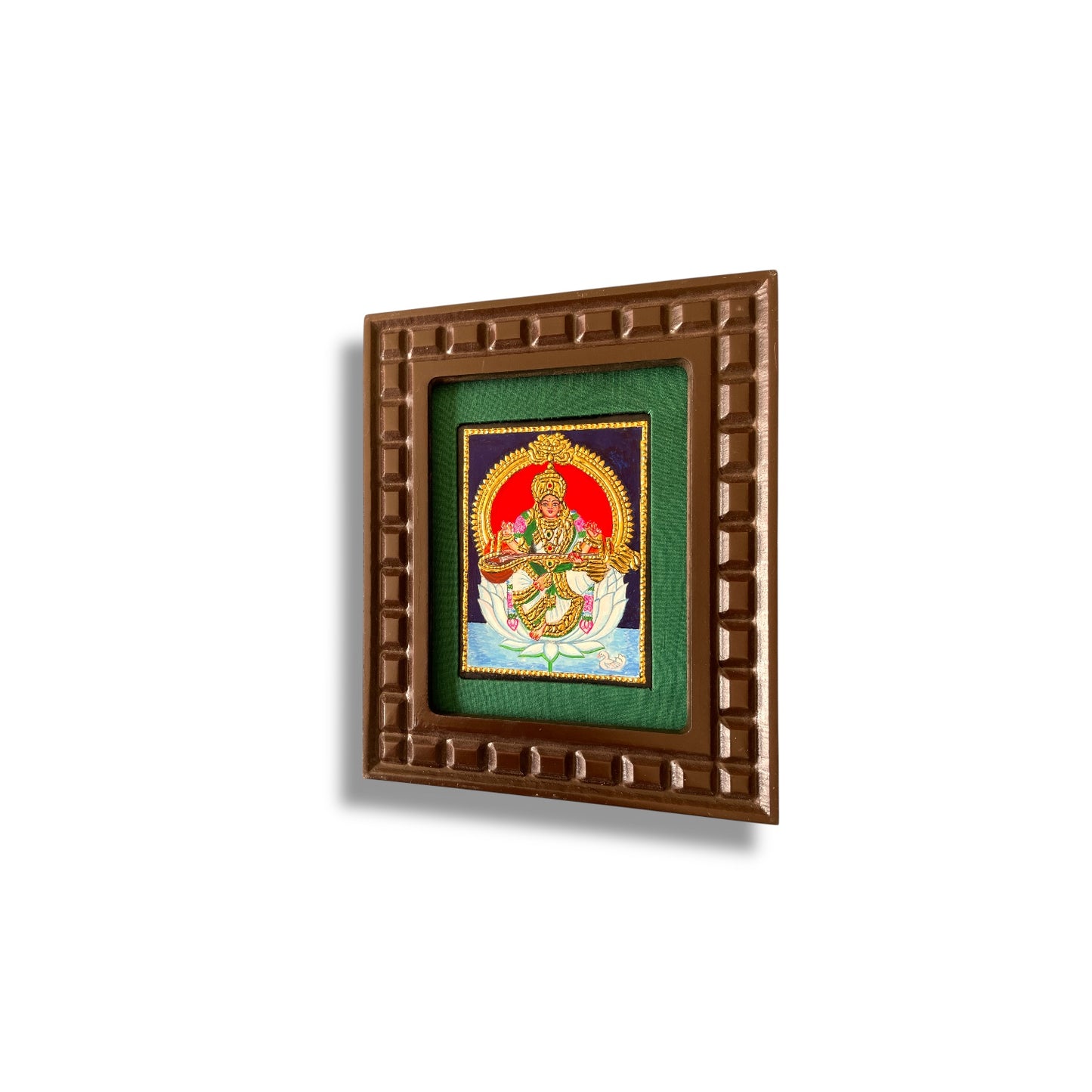 Goddess Saraswati on White Lotus Tanjore Painting – Red, Indigo Blue, Rama Green, White & Orange