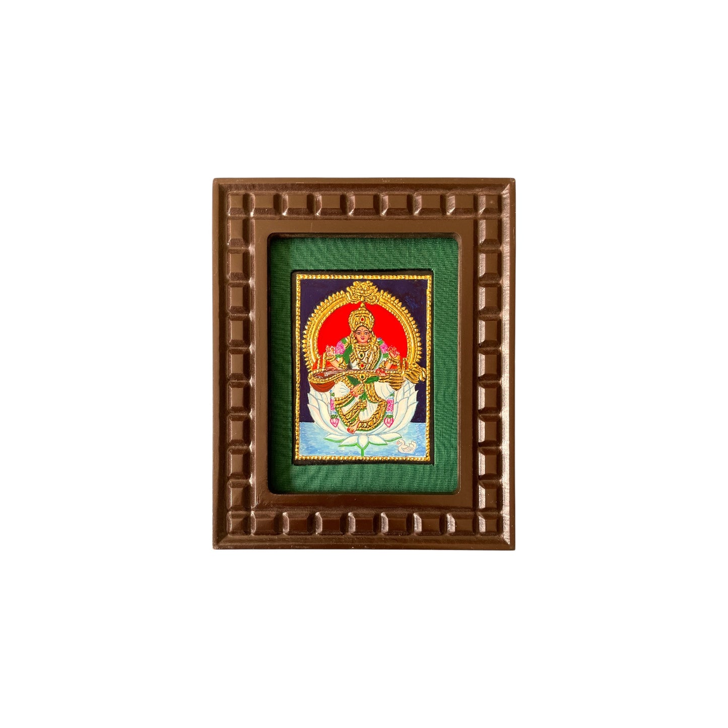 Goddess Saraswati on White Lotus Tanjore Painting – Red, Indigo Blue, Rama Green, White & Orange