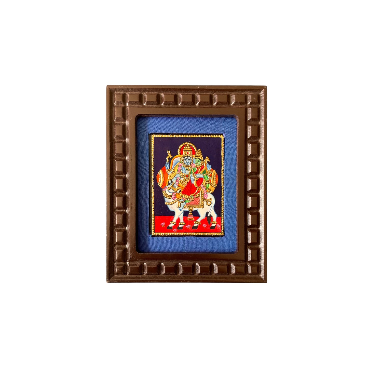Shiva and Parvati on Nandi Tanjore Painting – Red, Indigo Blue, Rama Green, White & Orange