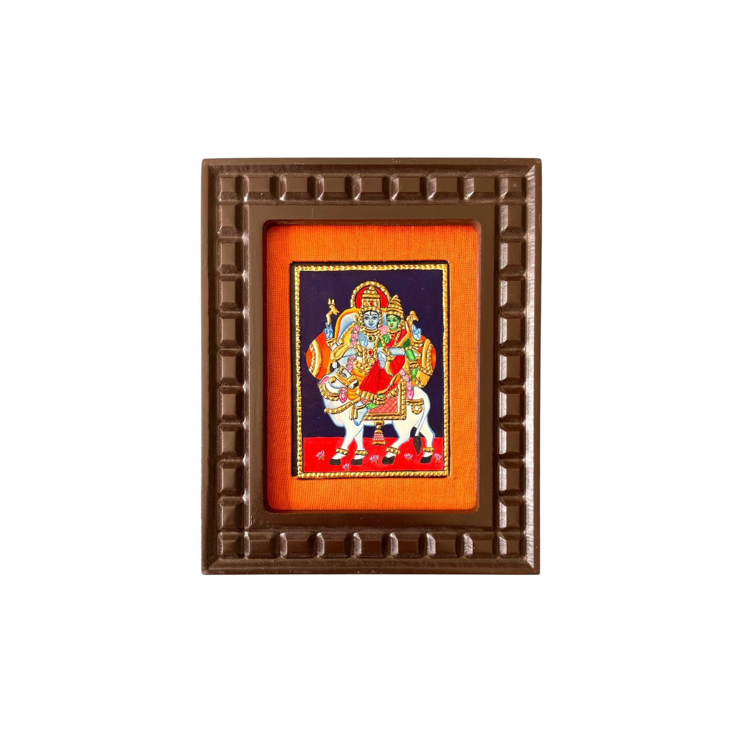 Shiva and Parvati on Nandi Tanjore Painting – Red, Indigo Blue, Rama Green, White & Orange
