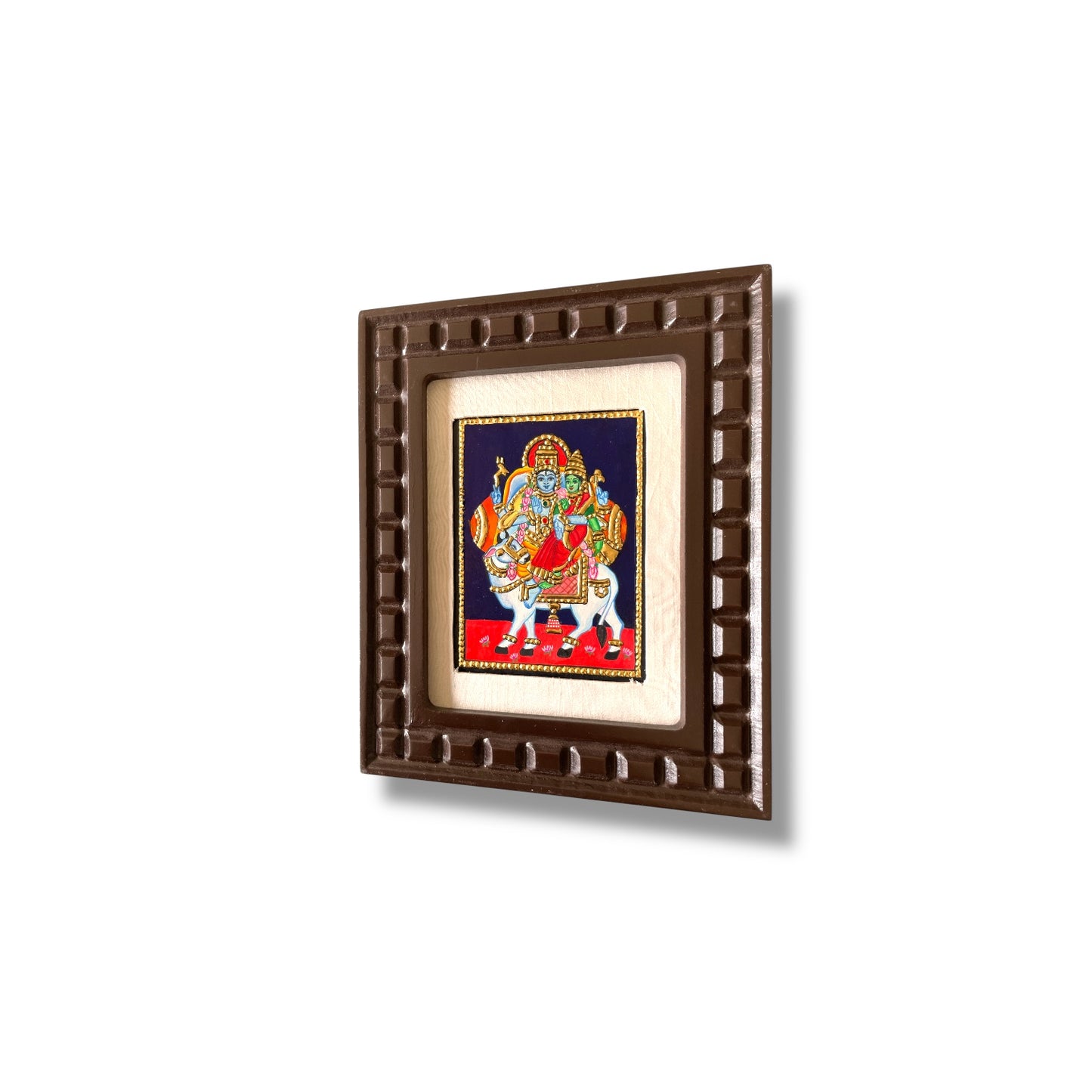 Shiva and Parvati on Nandi Tanjore Painting – Red, Indigo Blue, Rama Green, White & Orange