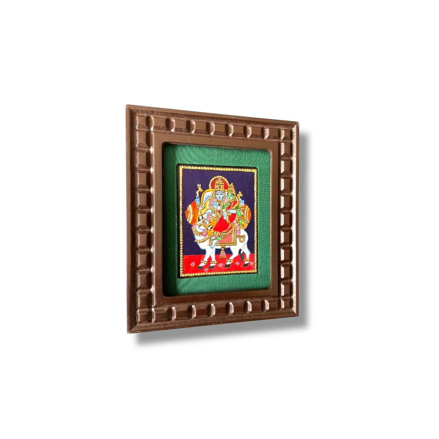 Shiva and Parvati on Nandi Tanjore Painting – Red, Indigo Blue, Rama Green, White & Orange