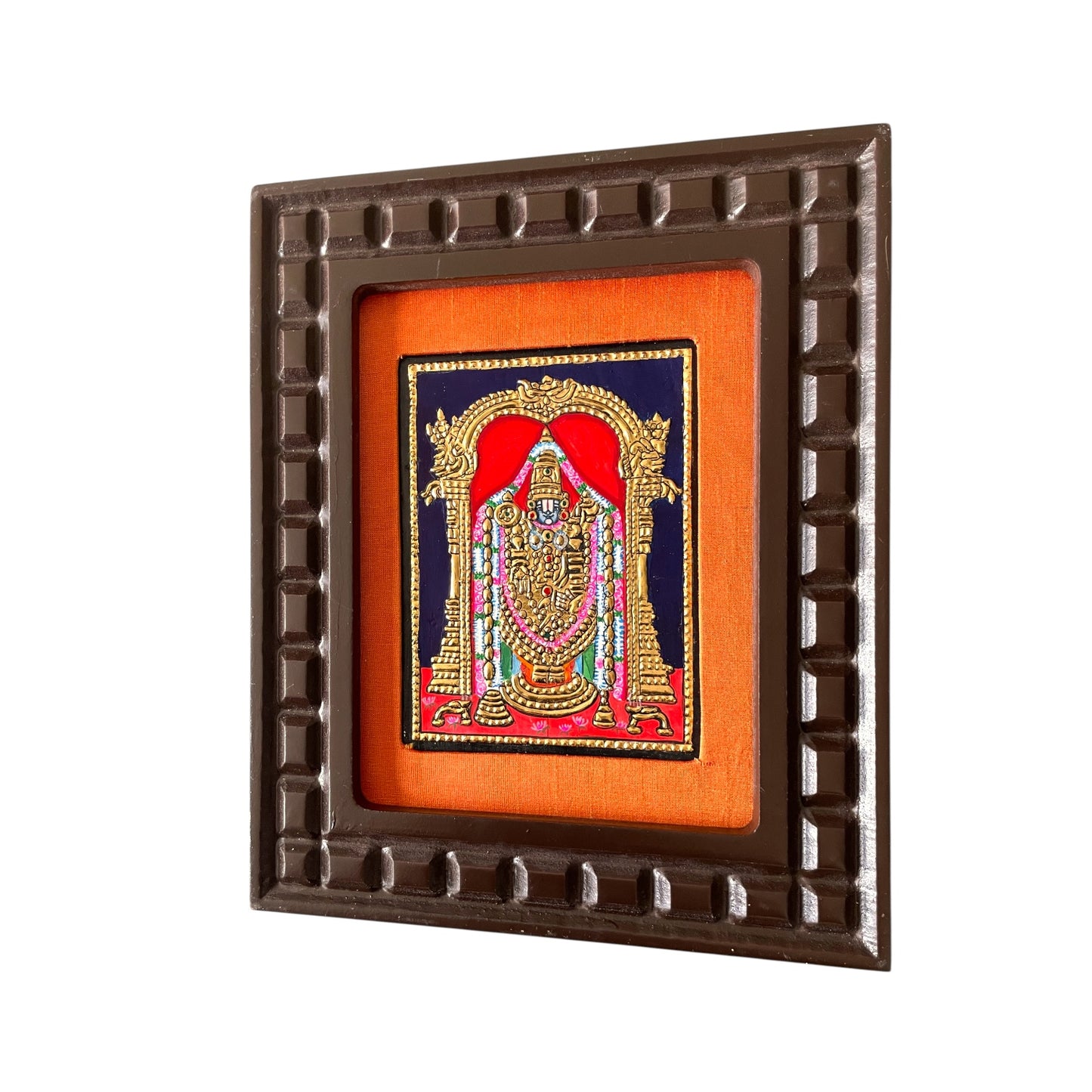 Lord Venkateshwara Tanjore Painting in Orange, Red, Indigo Blue, White and Rama Green