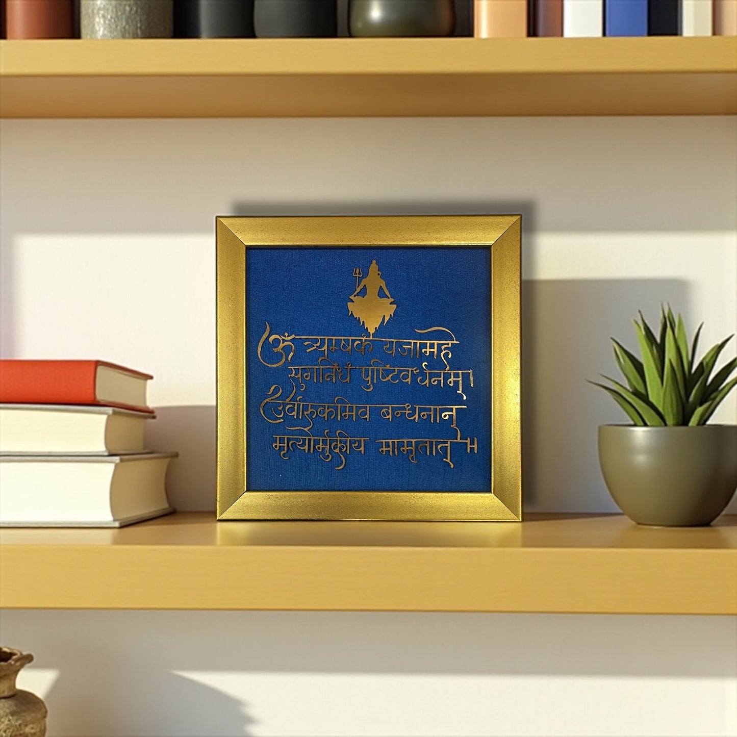Shiva Mahamrityunjaya Shloka Wall Art - Titanium metal in Gold Framed