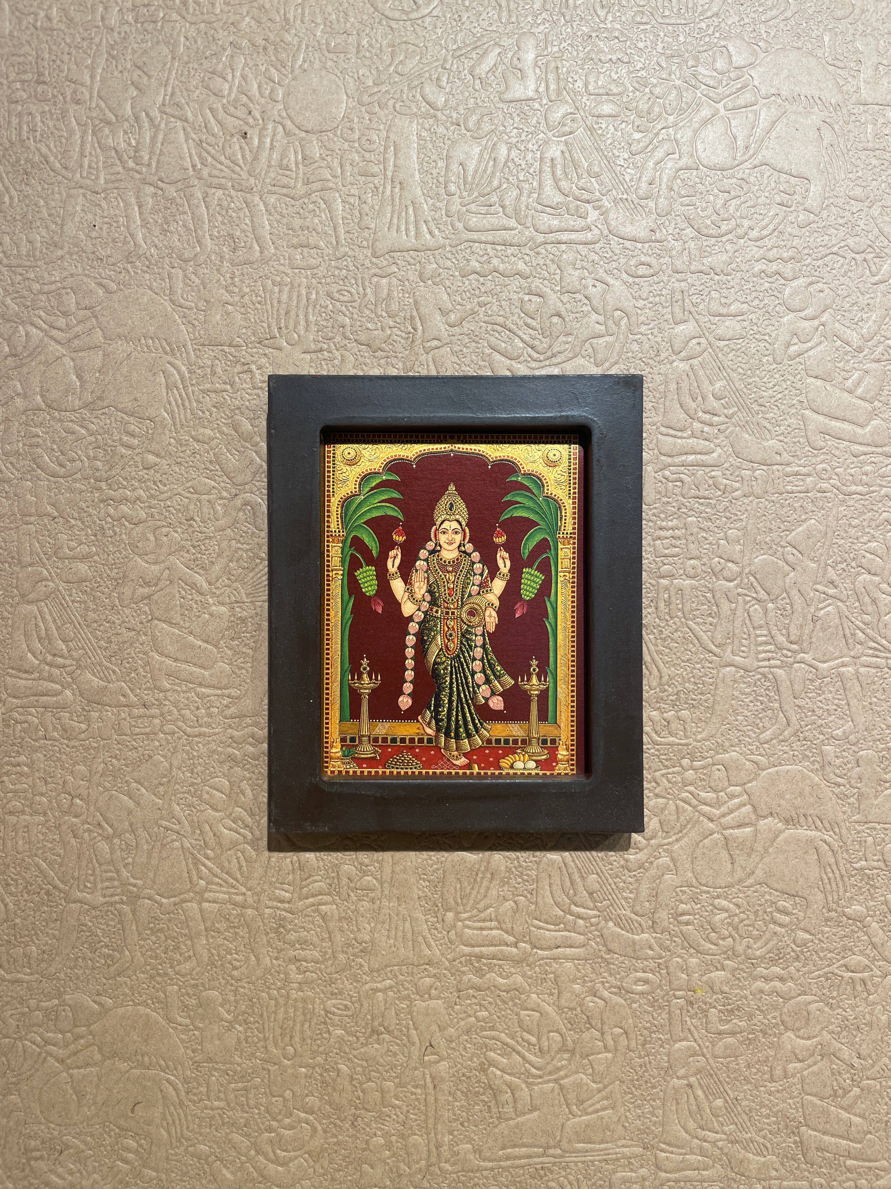 Graha Lakshmi Wall Art | Premium Gold Leaf Hindu Goddess Painting | Luxury Pooja Room Decor | Handcrafted Wooden Frame by ESTUDIO