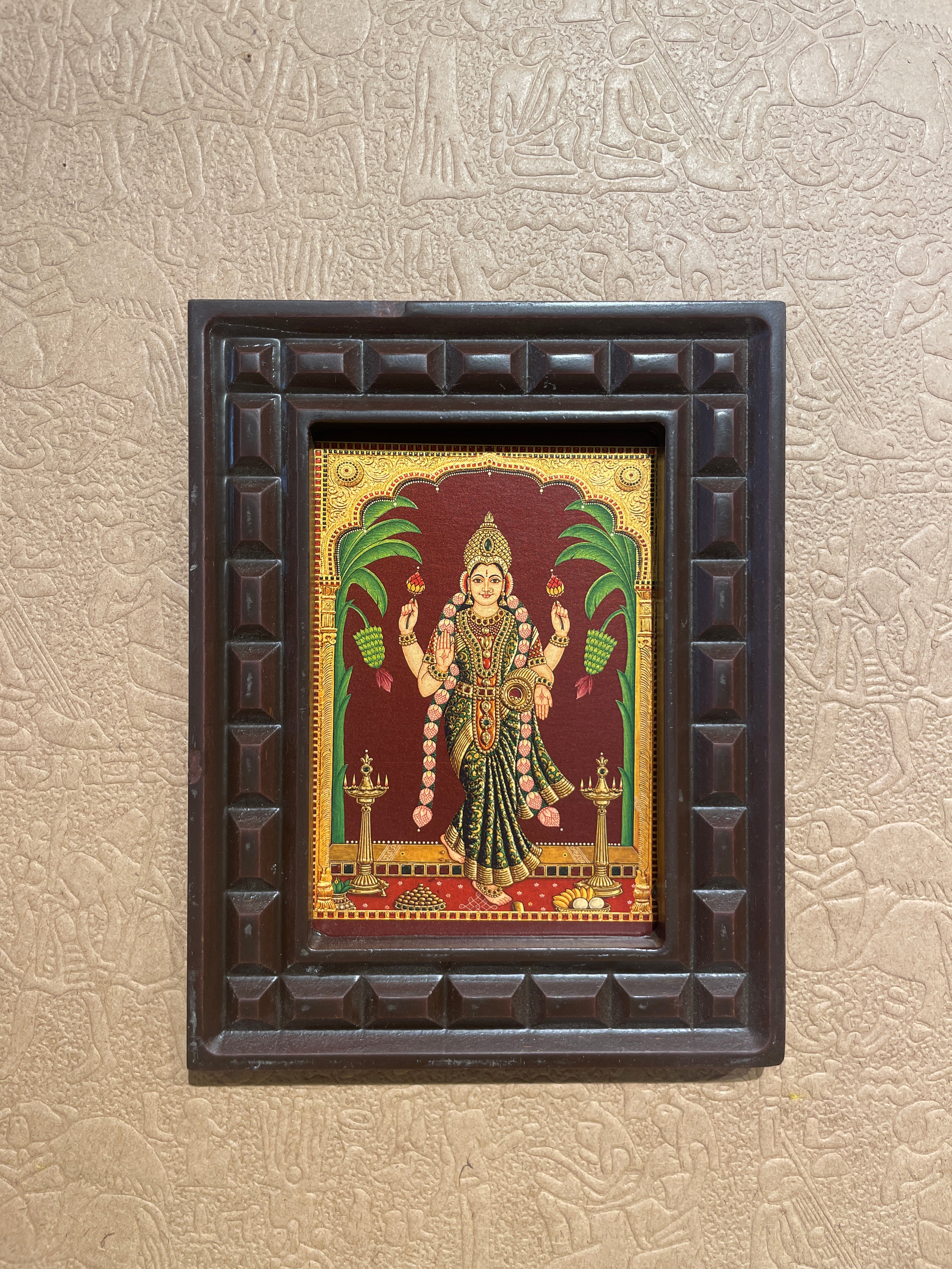 Graha Lakshmi Wall Art | Premium Gold Leaf Hindu Goddess Painting | Luxury Pooja Room Decor | Handcrafted Wooden Frame by ESTUDIO