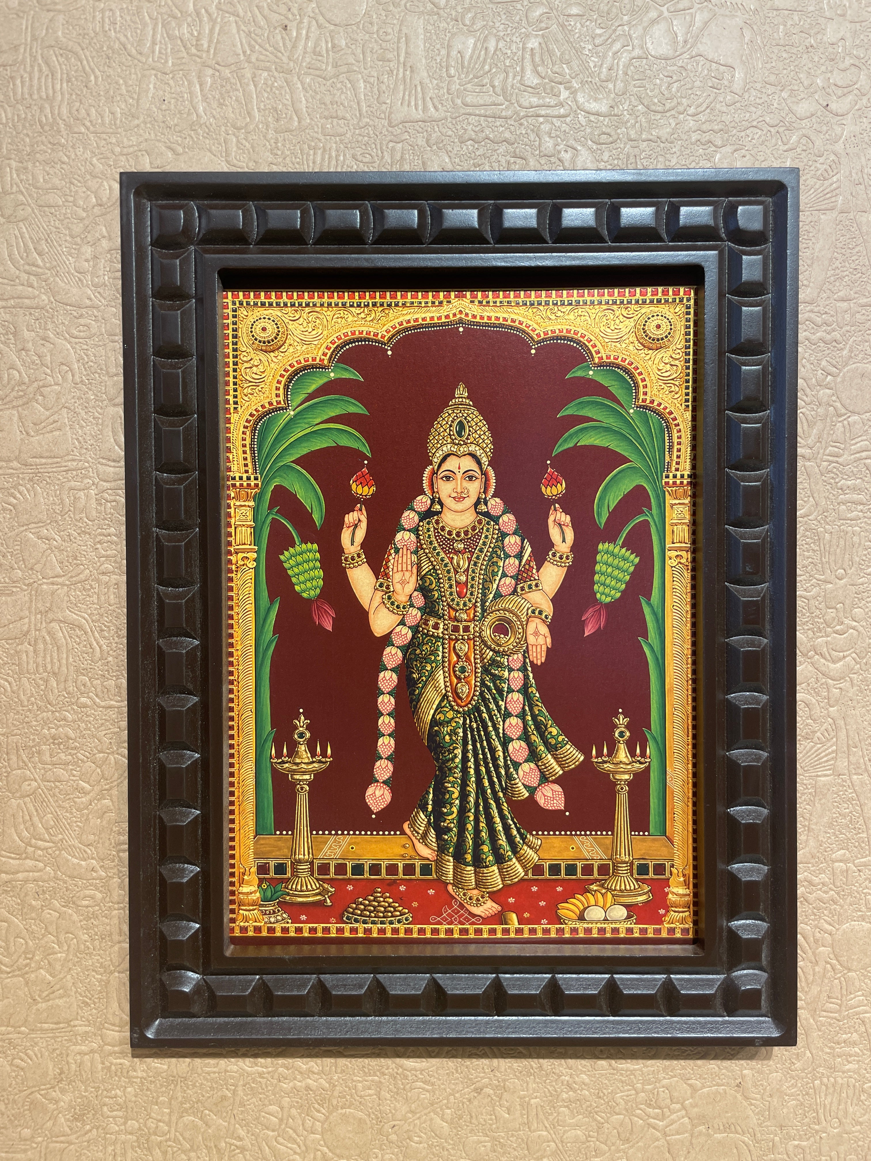 Graha Lakshmi Wall Art | Premium Gold Leaf Hindu Goddess Painting | Luxury Pooja Room Decor | Handcrafted Wooden Frame by ESTUDIO