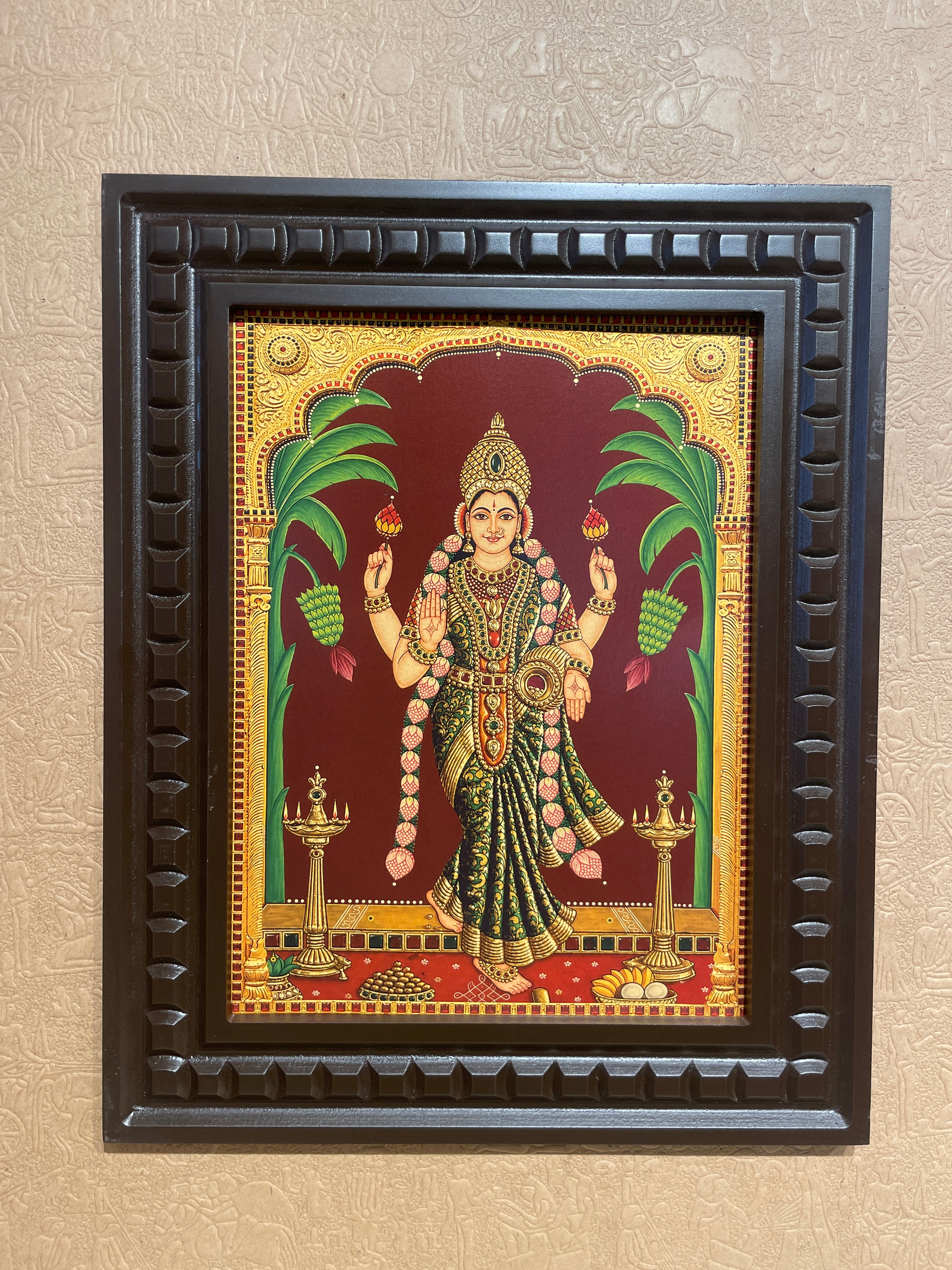 Graha Lakshmi Wall Art | Premium Gold Leaf Hindu Goddess Painting | Luxury Pooja Room Decor | Handcrafted Wooden Frame by ESTUDIO