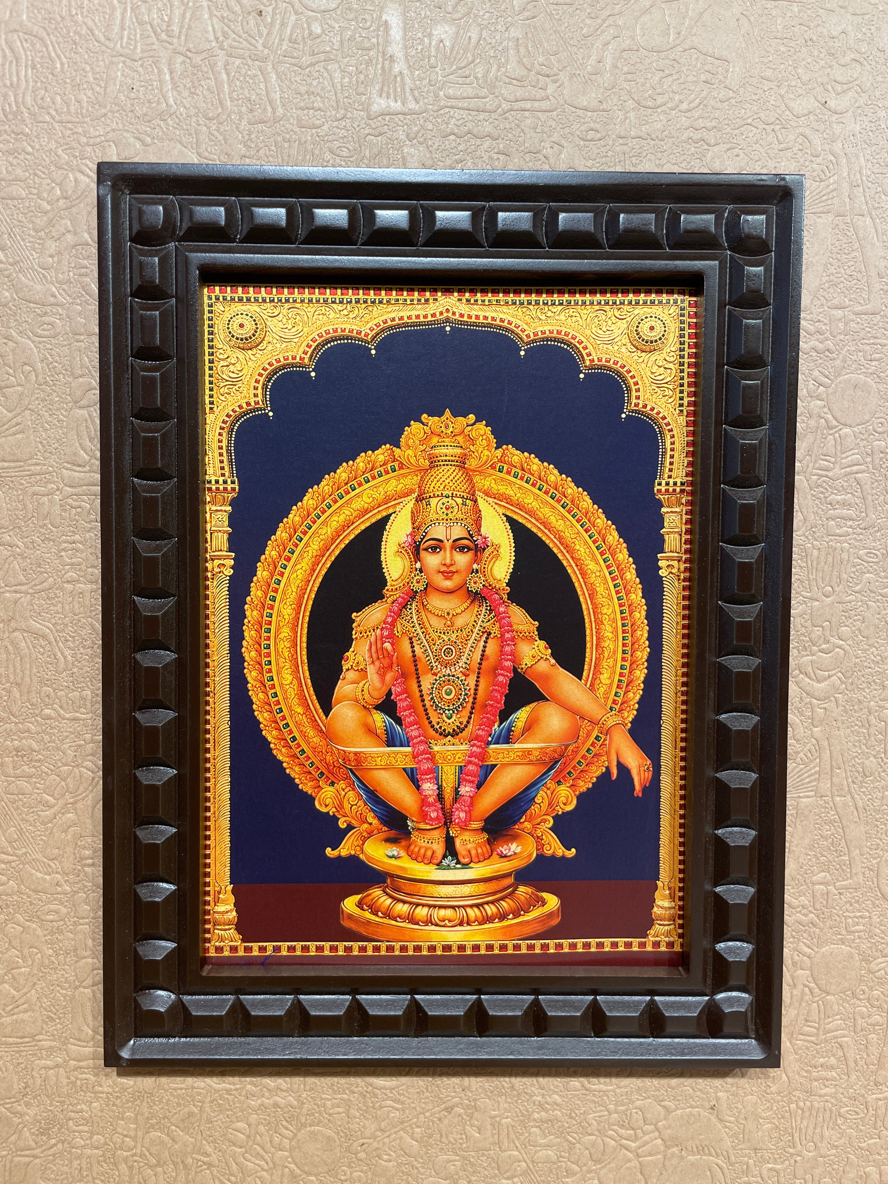Lord Ayyappa Gold Leaf Wall Art with Premium Engineered Wooden Frame | Luxury Spiritual Wall Decor for Pooja Room | ESTUDIO