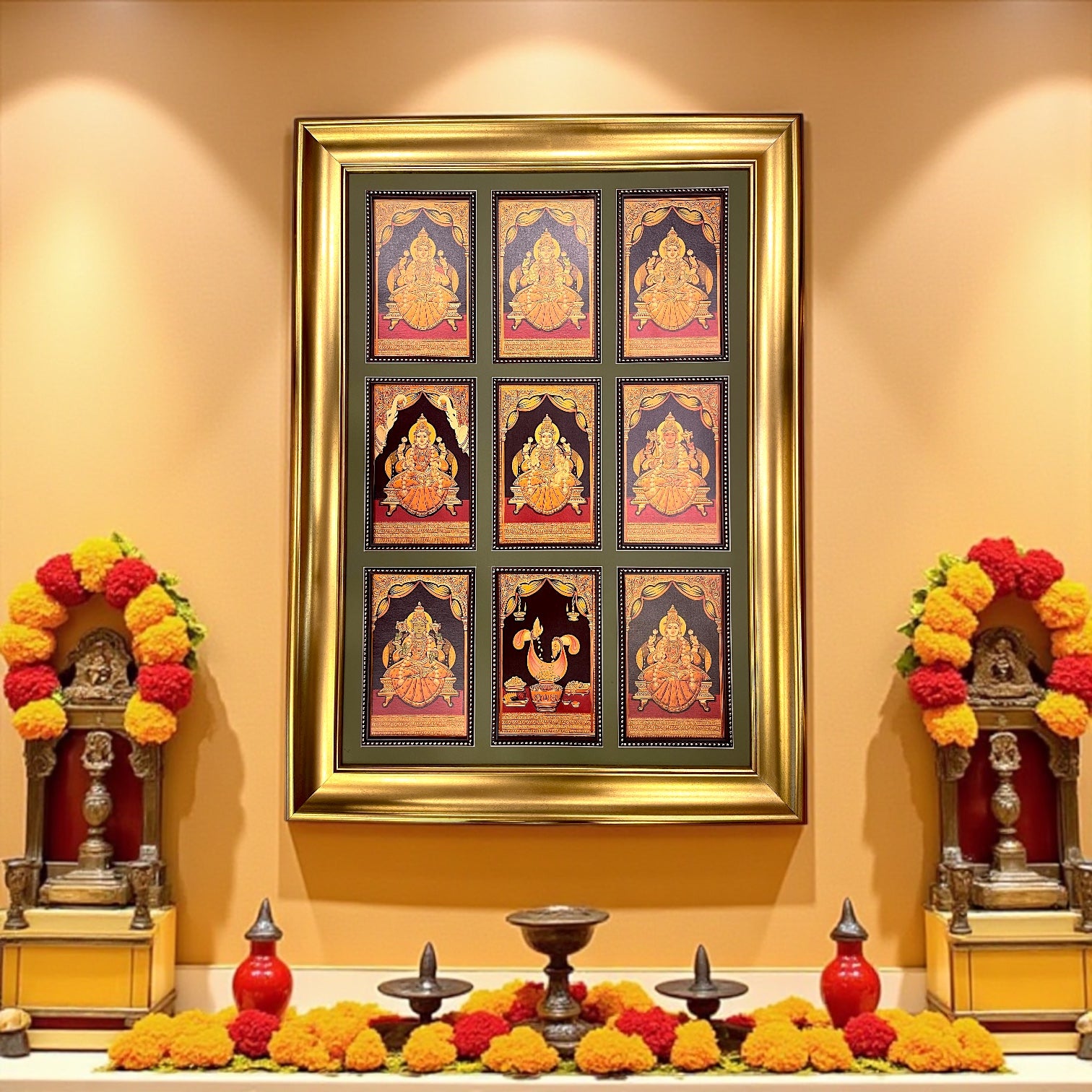 Astalakshmi gold foil artwork in a molded frame.