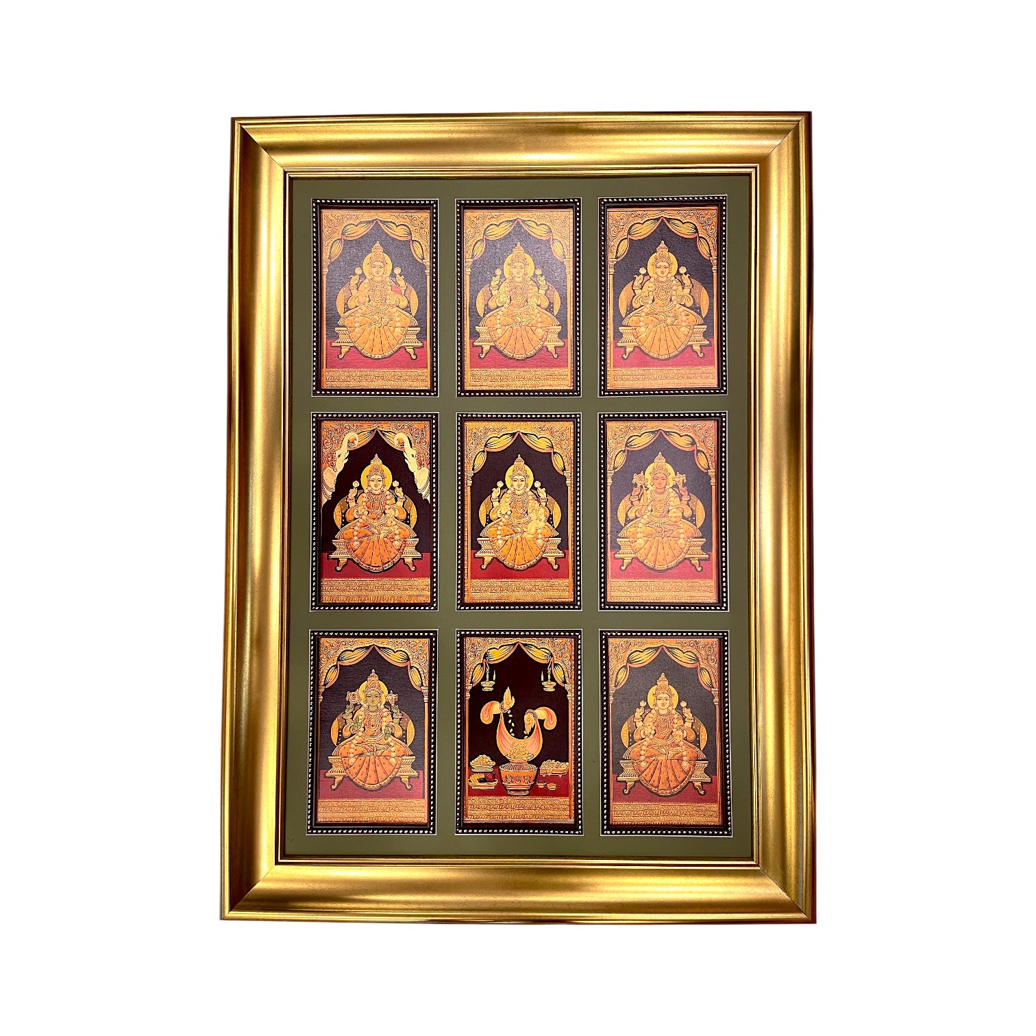 Astalakshmi gold foil artwork in a molded frame.