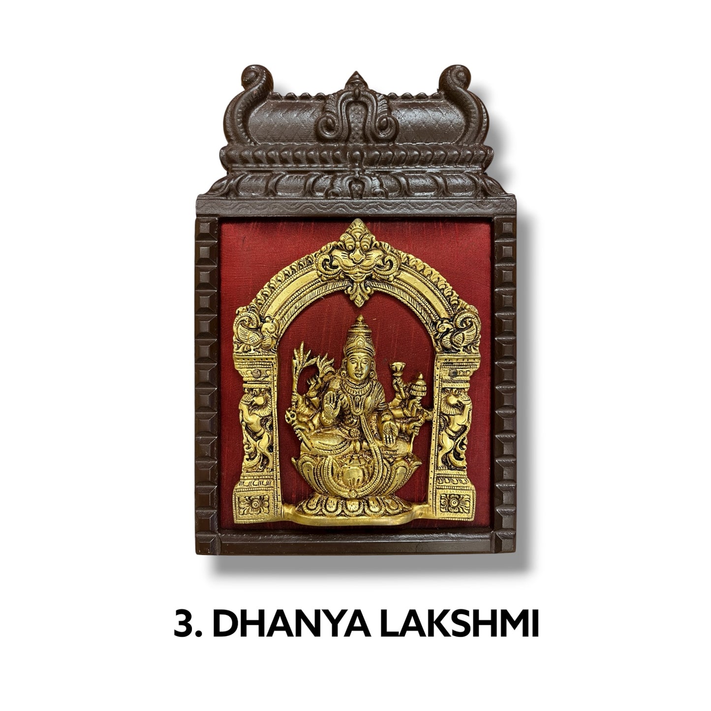 Brass Astalakshmi on Maroon Red Silk with 8 Sacred Elements in Temple Wooden Frame
