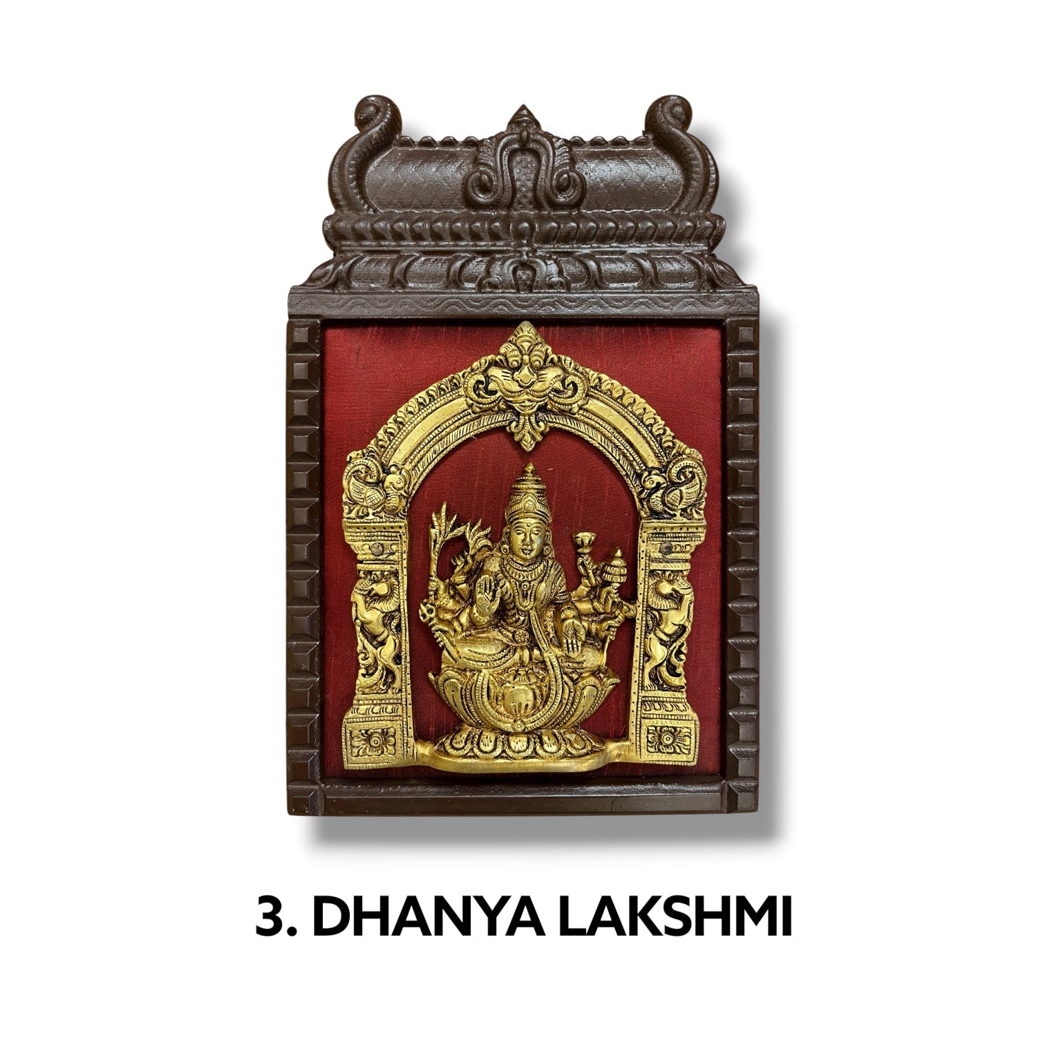 Brass Ashtalakshmi on Maroon Red Silk with 8 Sacred Elements in Temple Wooden Frame