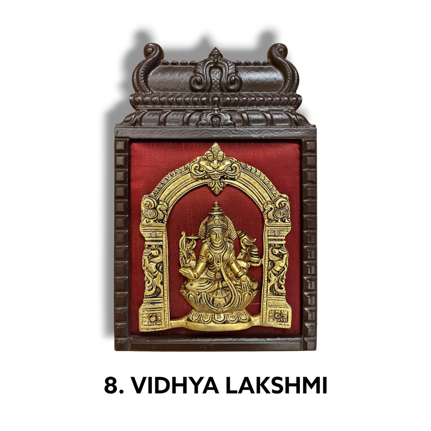 Brass Astalakshmi on Maroon Red Silk with 8 Sacred Elements in Temple Wooden Frame
