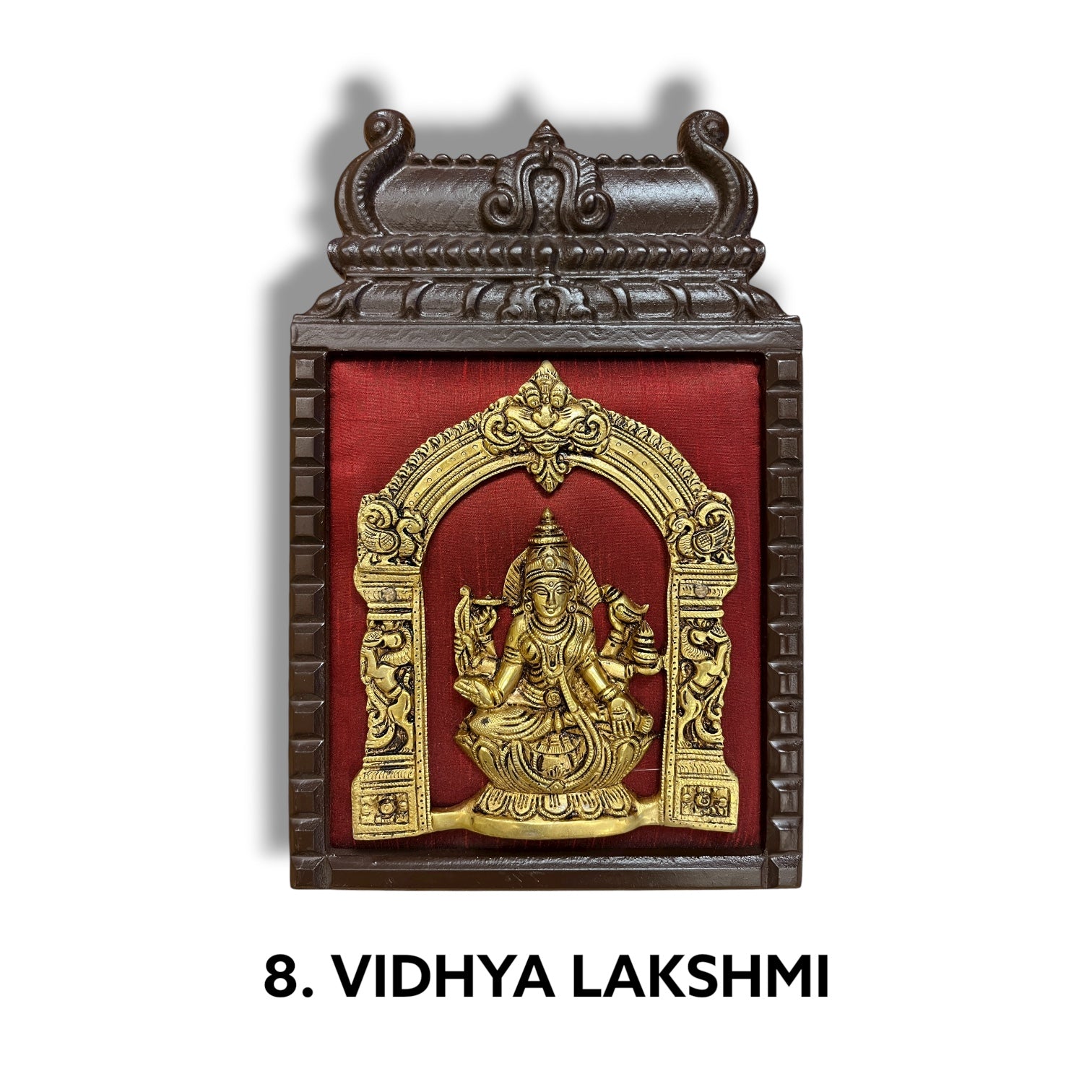 Brass Ashtalakshmi on Maroon Red Silk with 8 Sacred Elements in Temple Wooden Frame