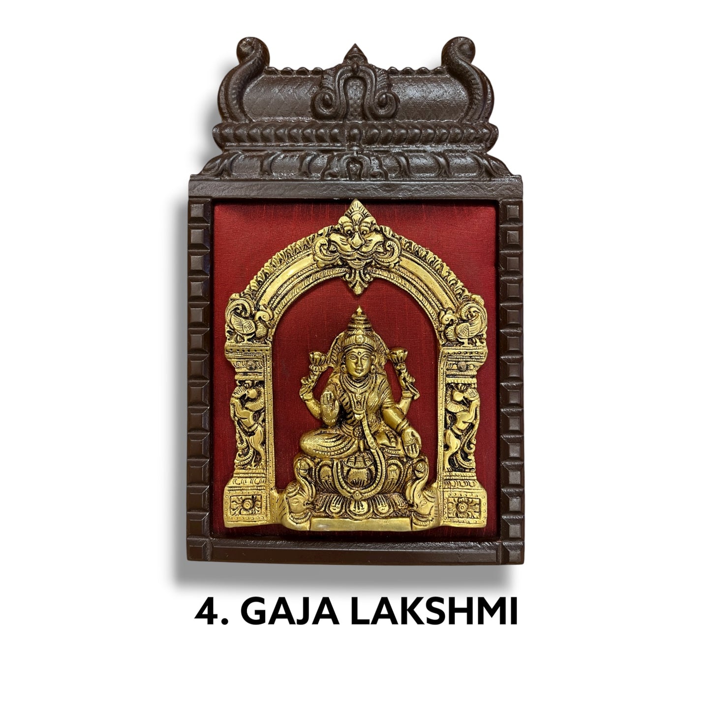 Brass Astalakshmi on Maroon Red Silk with 8 Sacred Elements in Temple Wooden Frame