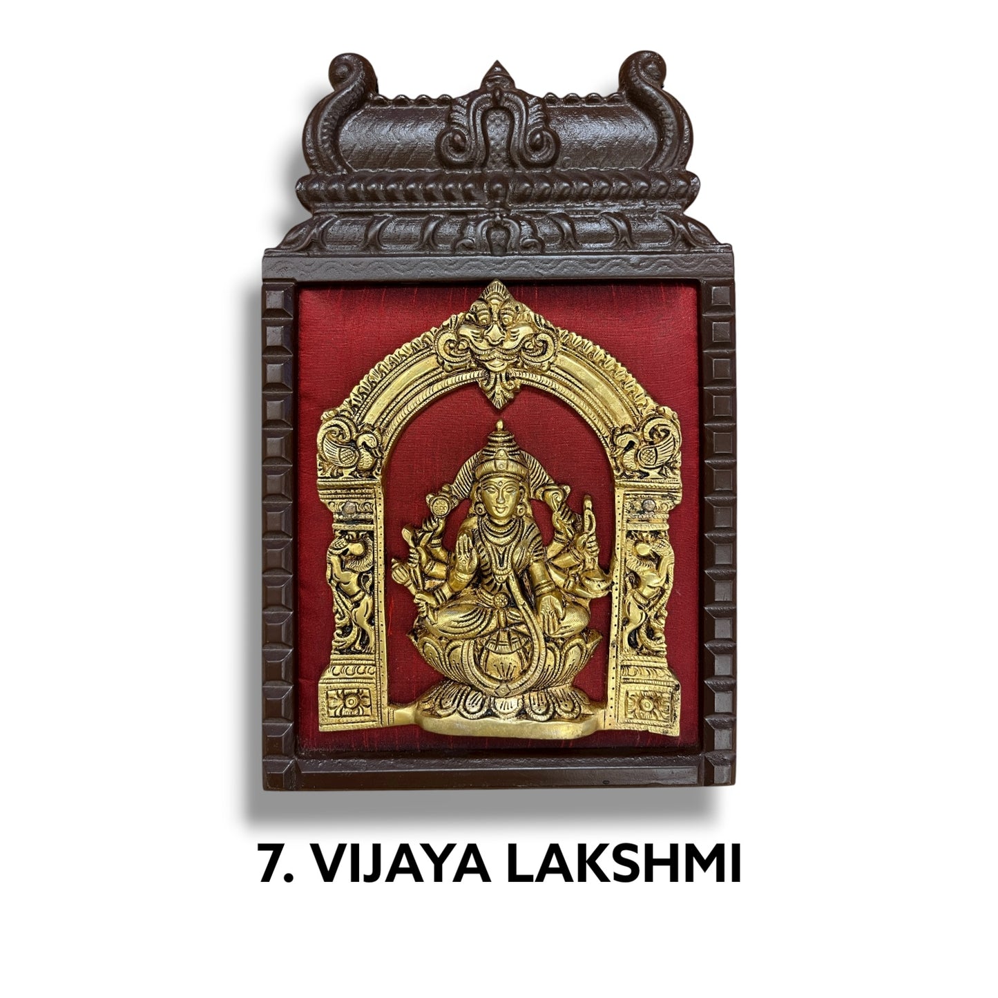 Brass Astalakshmi on Maroon Red Silk with 8 Sacred Elements in Temple Wooden Frame