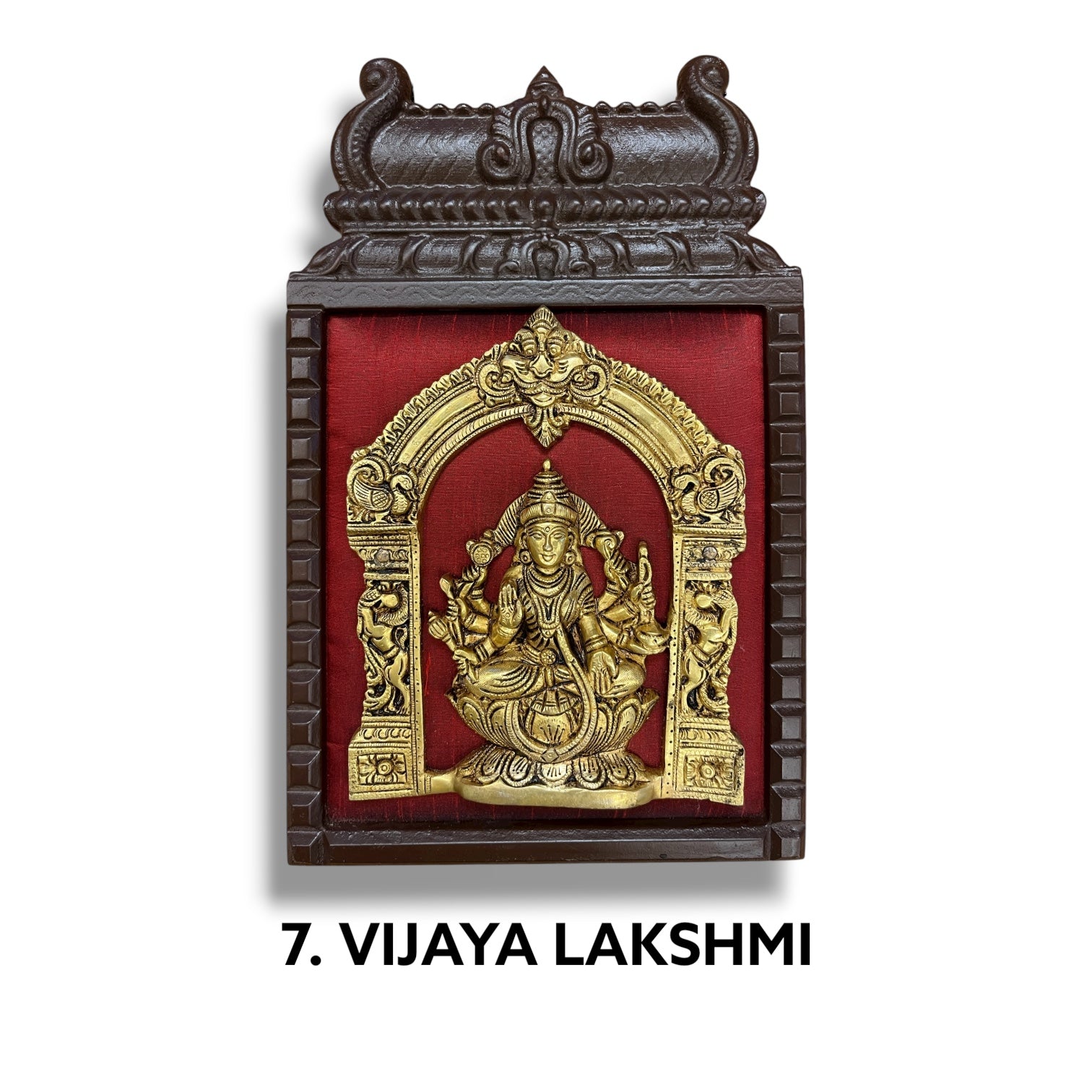 Brass Ashtalakshmi on Maroon Red Silk with 8 Sacred Elements in Temple Wooden Frame
