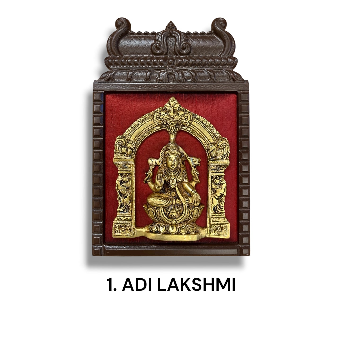 Brass Astalakshmi on Maroon Red Silk with 8 Sacred Elements in Temple Wooden Frame