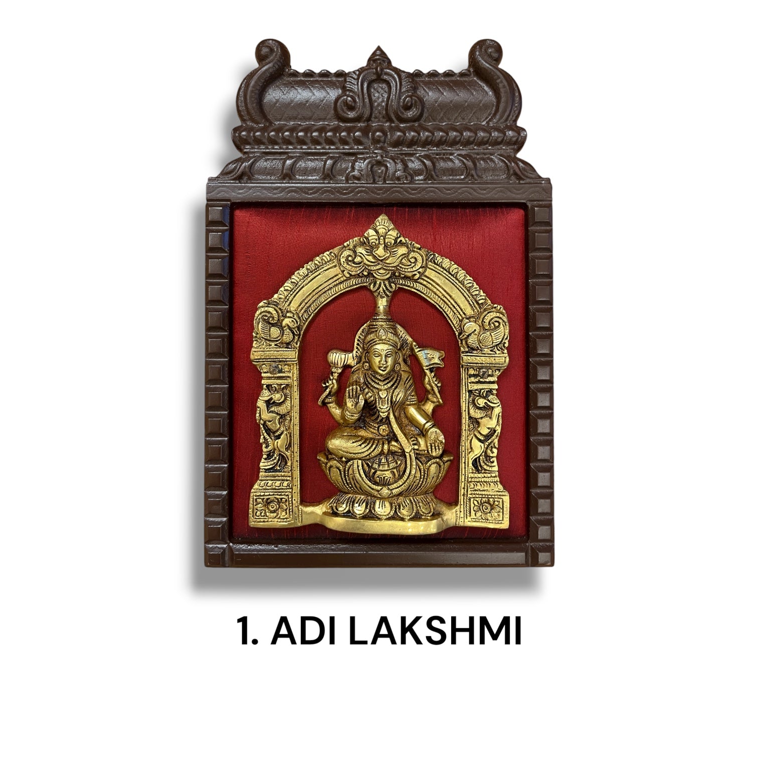 Brass Ashtalakshmi on Maroon Red Silk with 8 Sacred Elements in Temple Wooden Frame