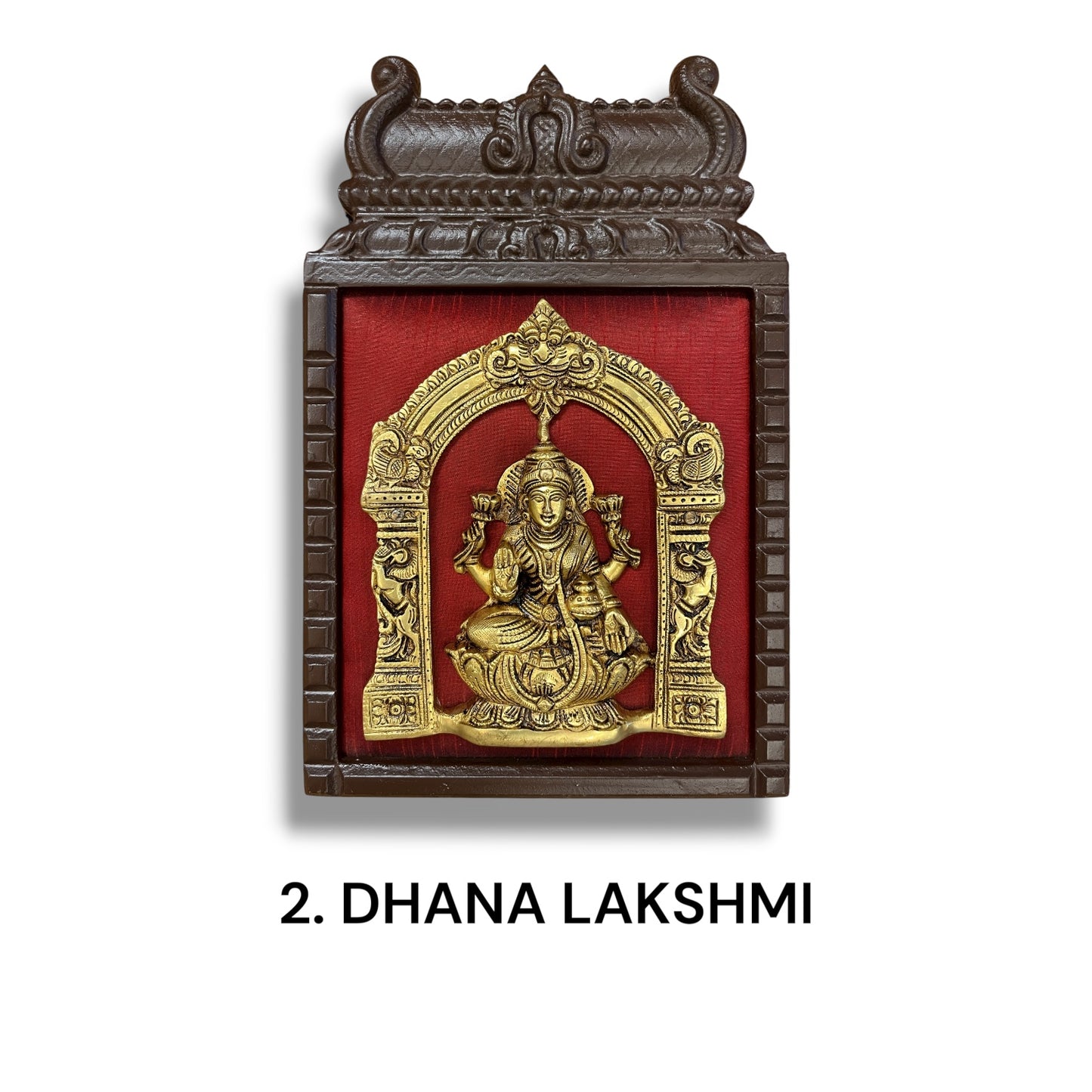 Brass Astalakshmi on Maroon Red Silk with 8 Sacred Elements in Temple Wooden Frame