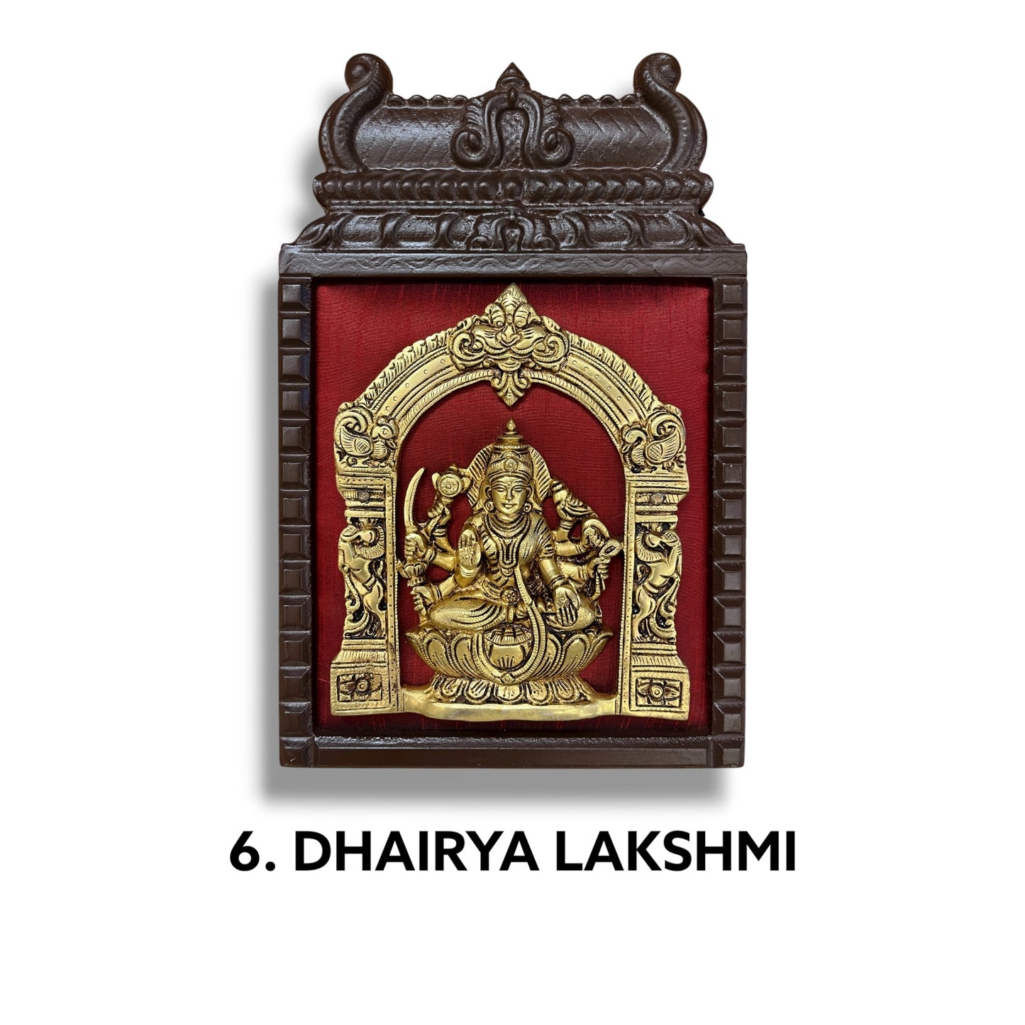 Brass Astalakshmi on Maroon Red Silk with 8 Sacred Elements in Temple Wooden Frame