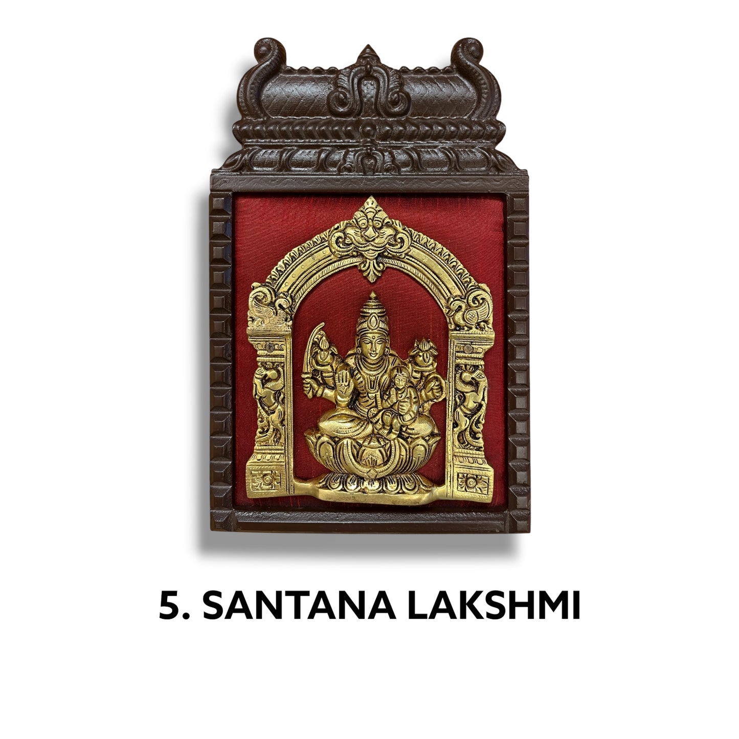 Brass Astalakshmi on Maroon Red Silk with 8 Sacred Elements in Temple Wooden Frame