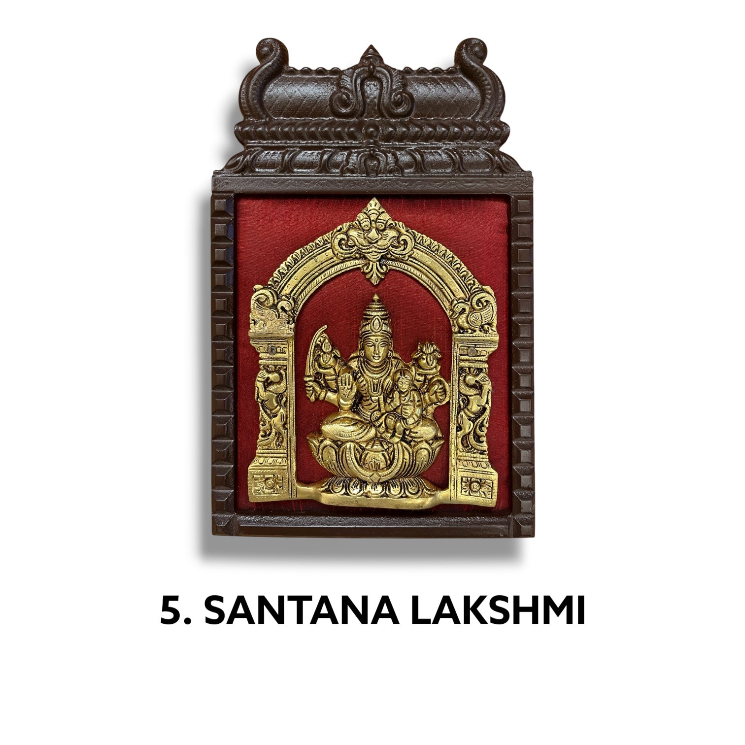 Brass Ashtalakshmi on Maroon Red Silk with 8 Sacred Elements in Temple Wooden Frame