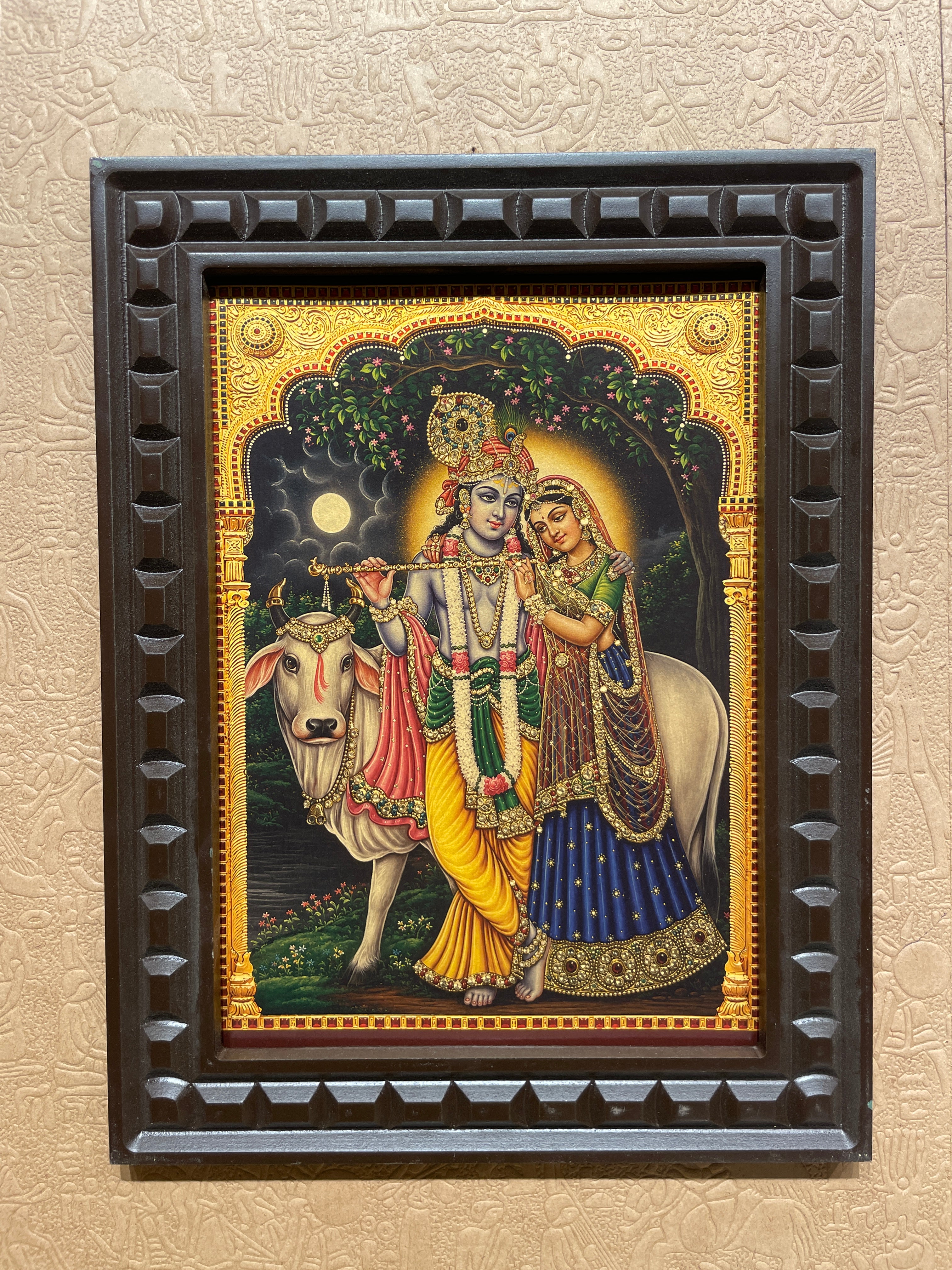 Radha Krishna Gold Leaf Wall Art | Engineered Wood Frame