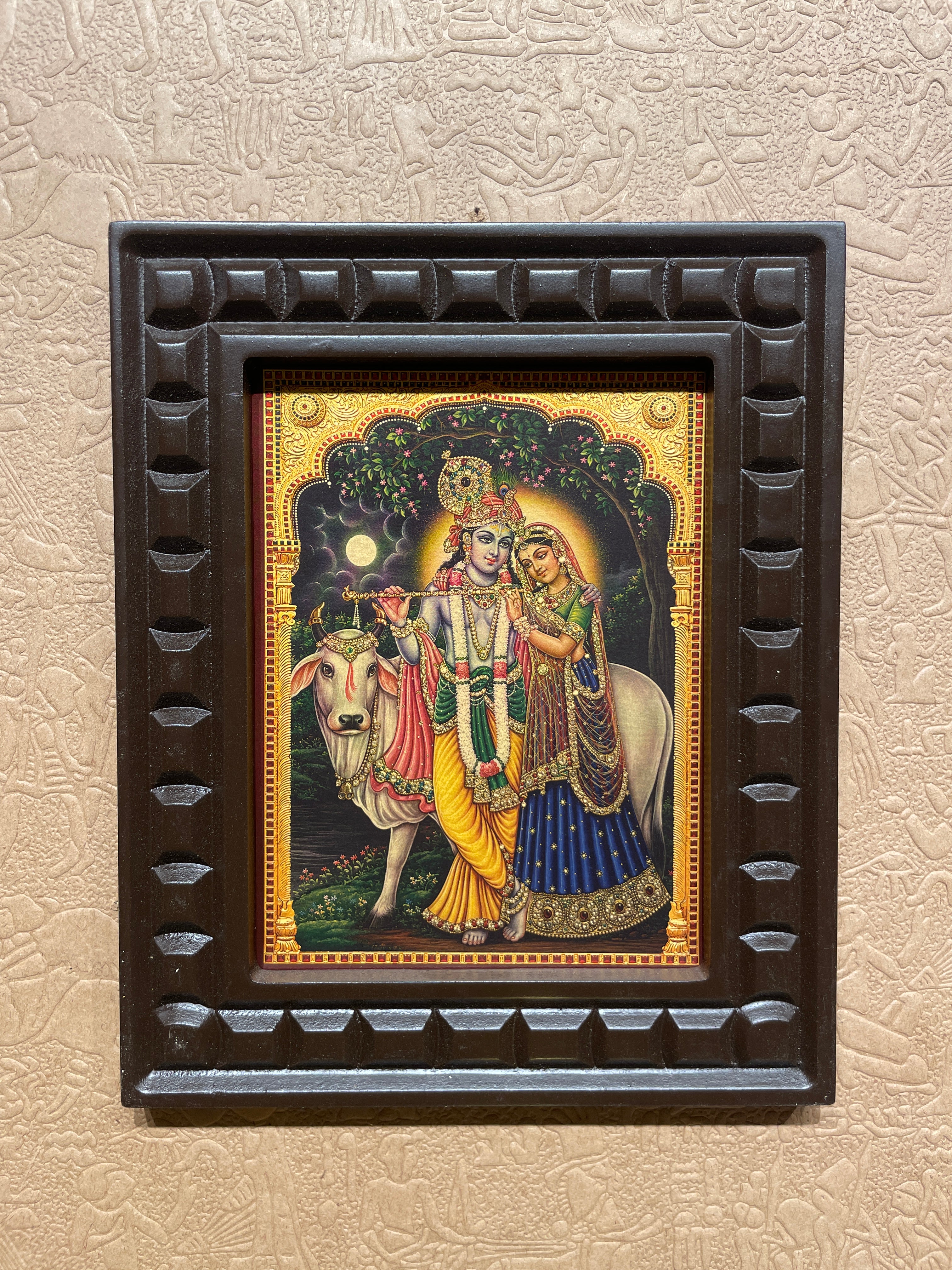 Radha Krishna Gold Leaf Wall Art | Engineered Wood Frame