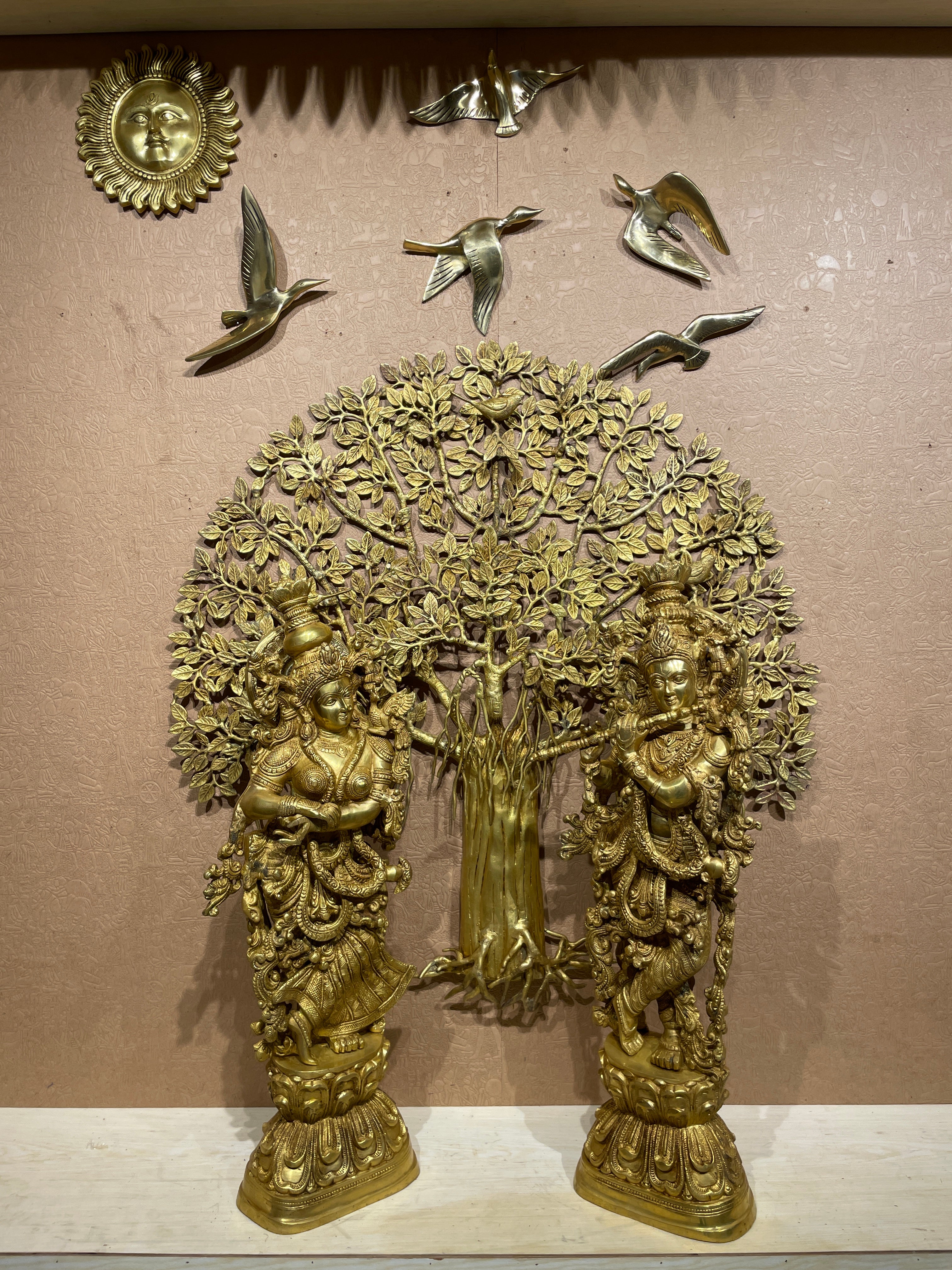 Brass Kalpavriksha Tree of Life with Radha Krishna, 5 Birds & Sun | Luxury Traditional Wall Art