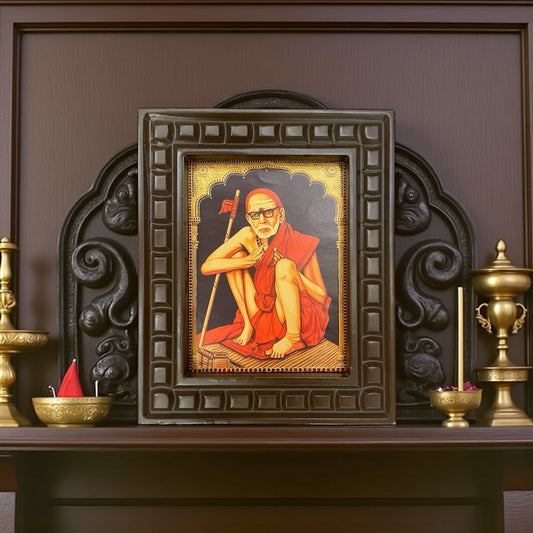 Sri Sankaracharya Maha Periyava Gold leafed artwork in wooden frame