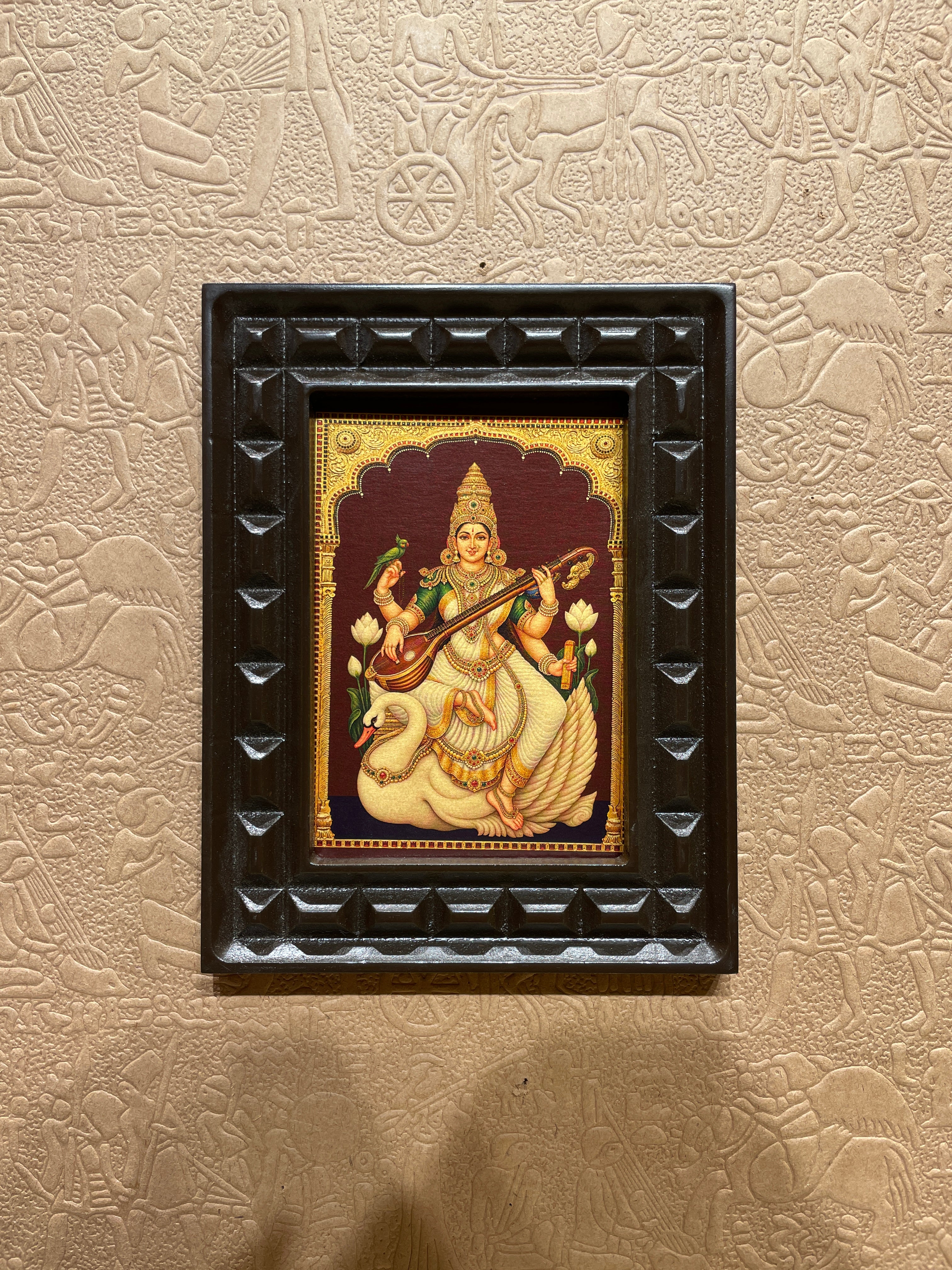 Saraswati Gold Leaf Art with Divine Swan | Premium Engineered Wooden Frame