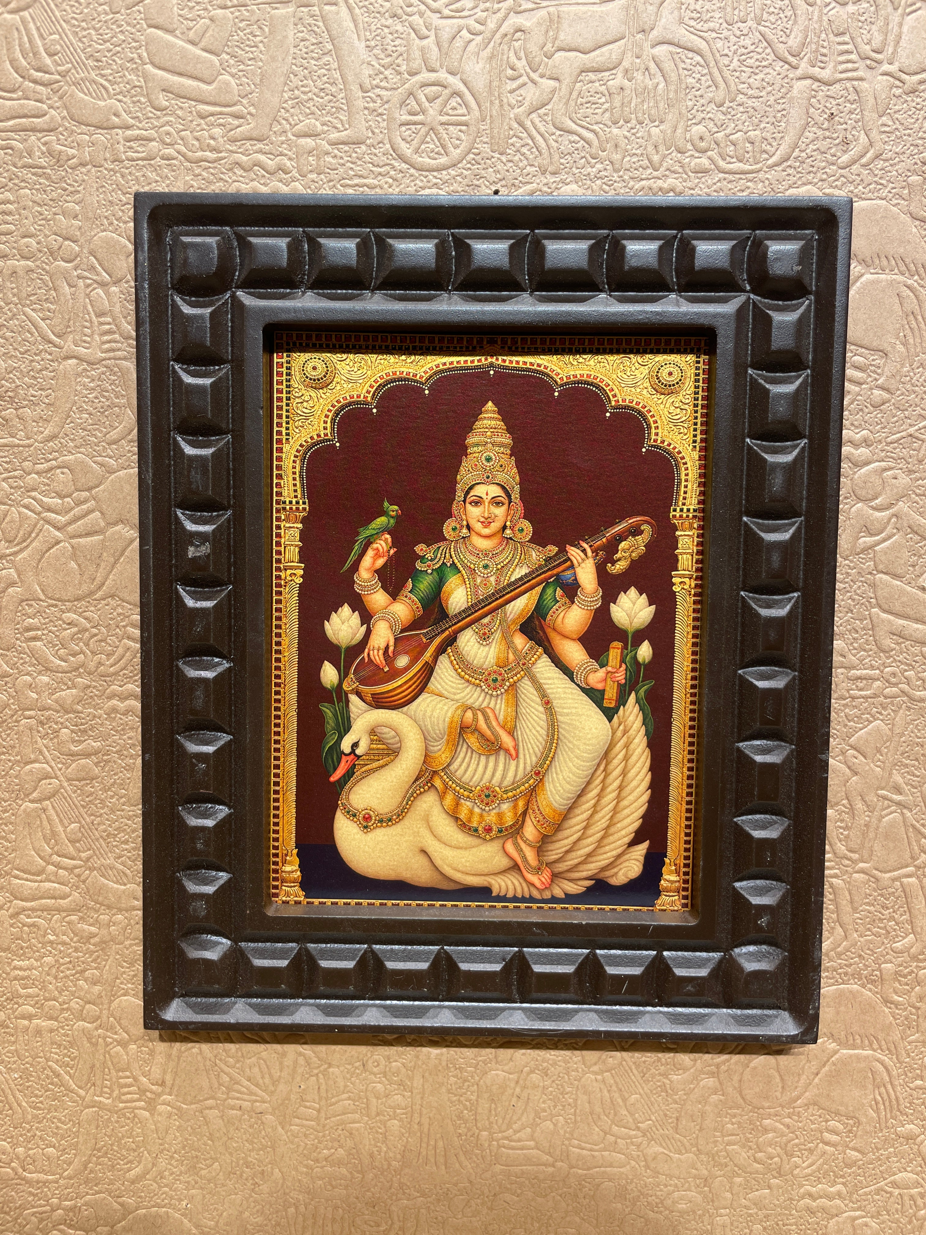 Saraswati Gold Leaf Art with Divine Swan | Premium Engineered Wooden Frame