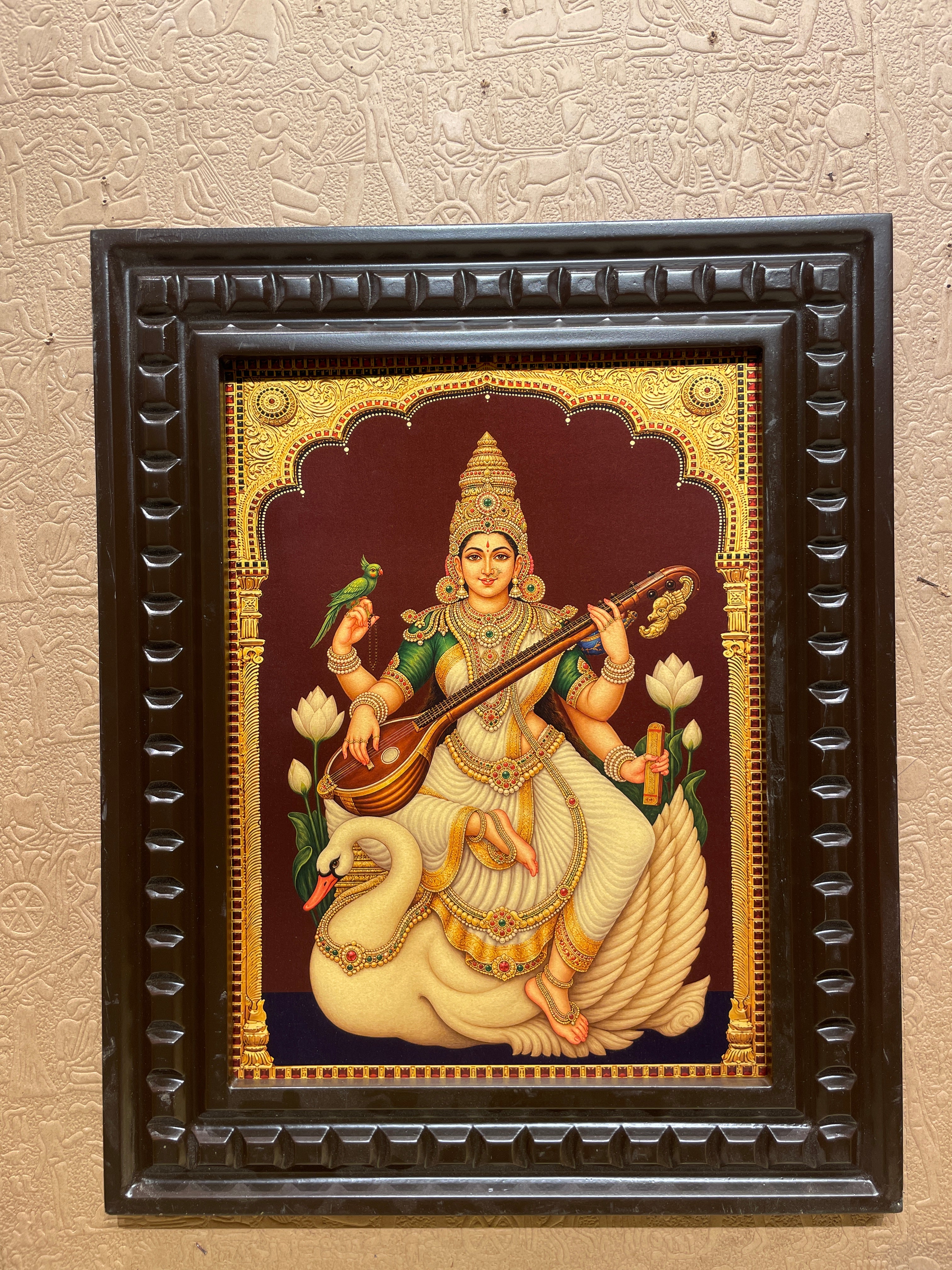 Saraswati Gold Leaf Art with Divine Swan | Premium Engineered Wooden Frame